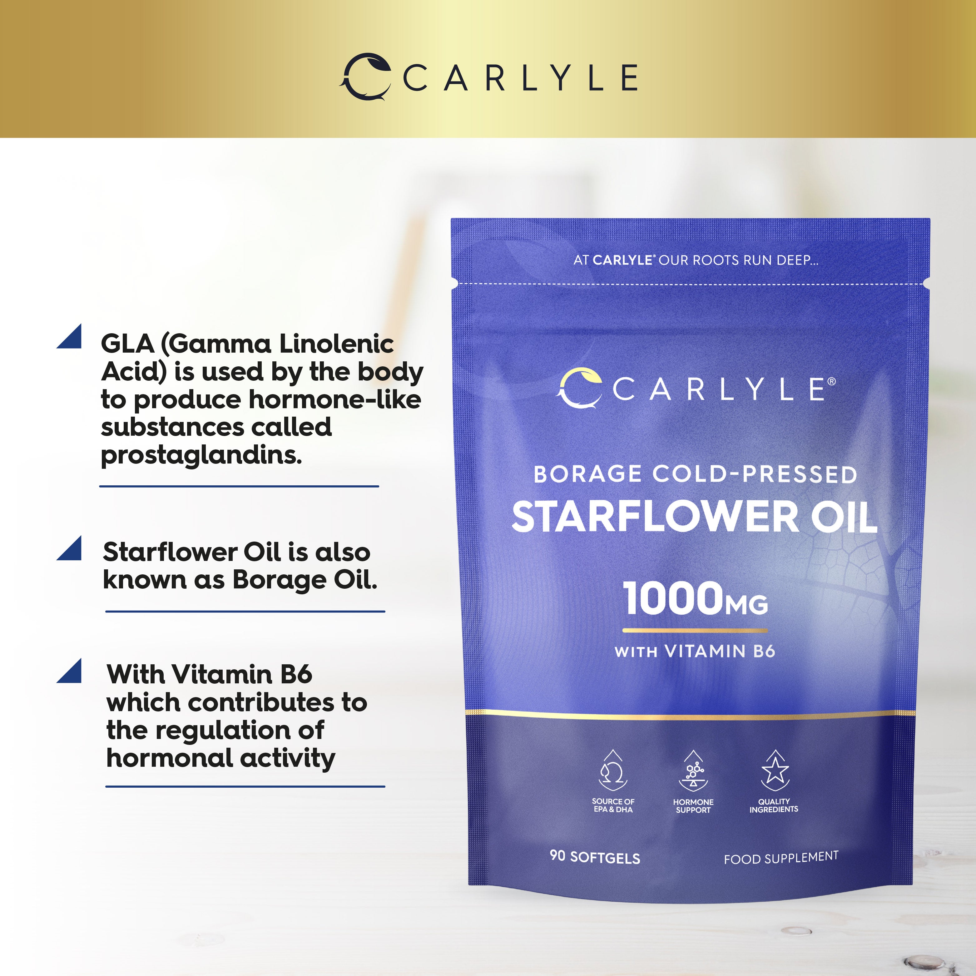 Carlyle Borage Cold-Pressed Starflower Oil 1000mg with Vitamin B6, 90 softgels, shown in bottle packaging.