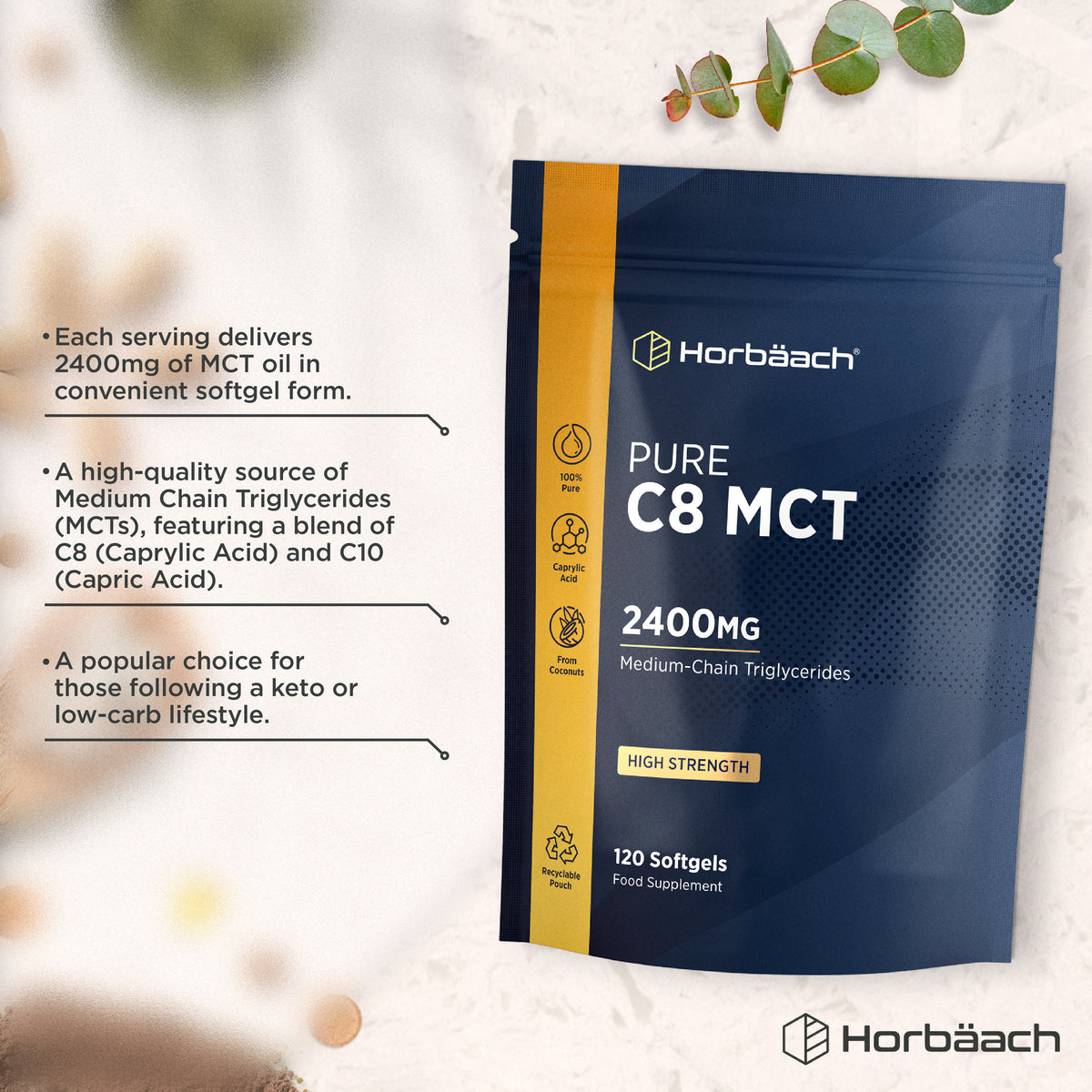 PURE C8 MCT, 2400MG Medium-Chain Triglycerides, high strength, 120 softgels. 100% pure caprylic acid sourced from coconuts.