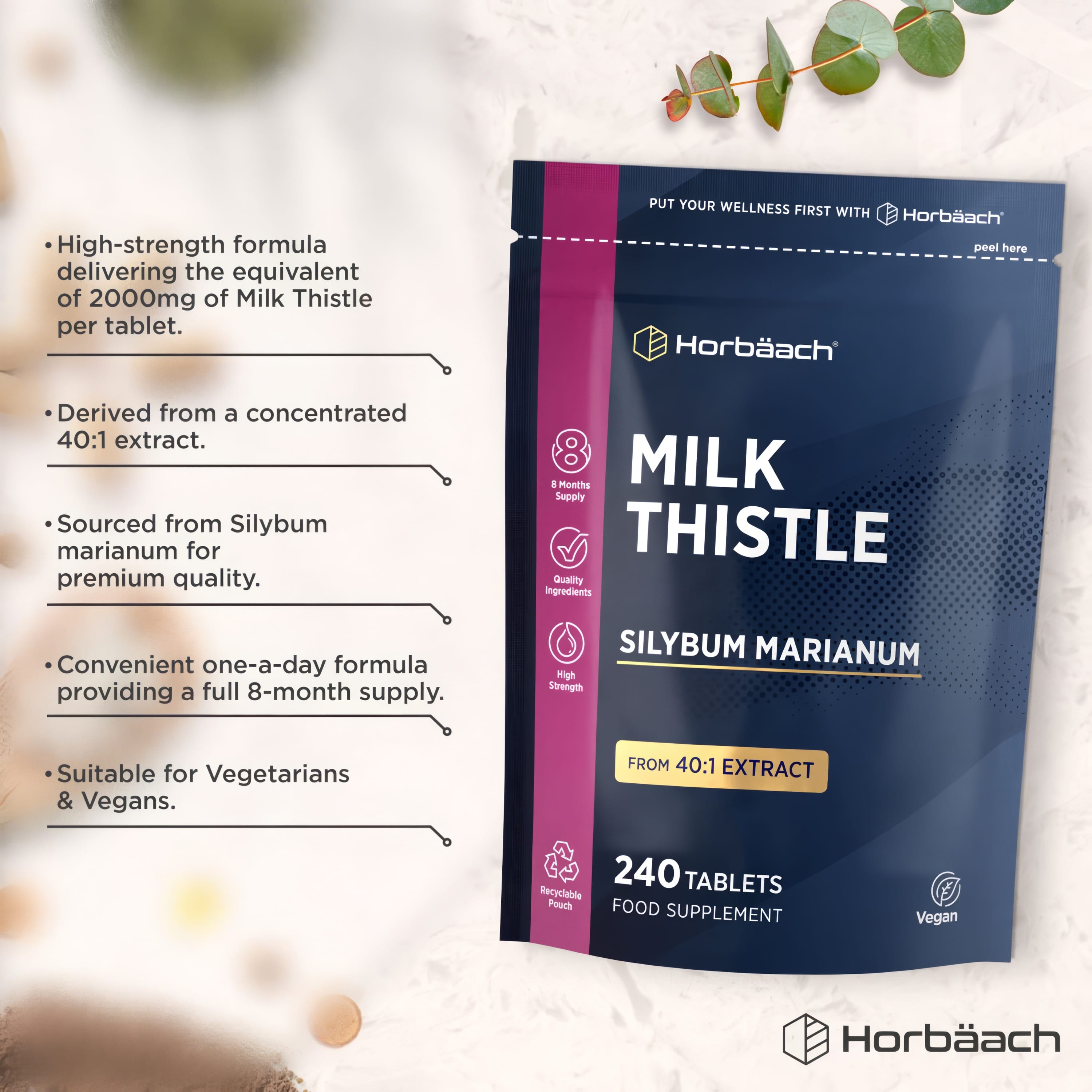 Product highlights graphic stating High-strength 2000mg Milk Thistle (40:1 extract), 8-month supply, suits Vegetarians and Vegans.