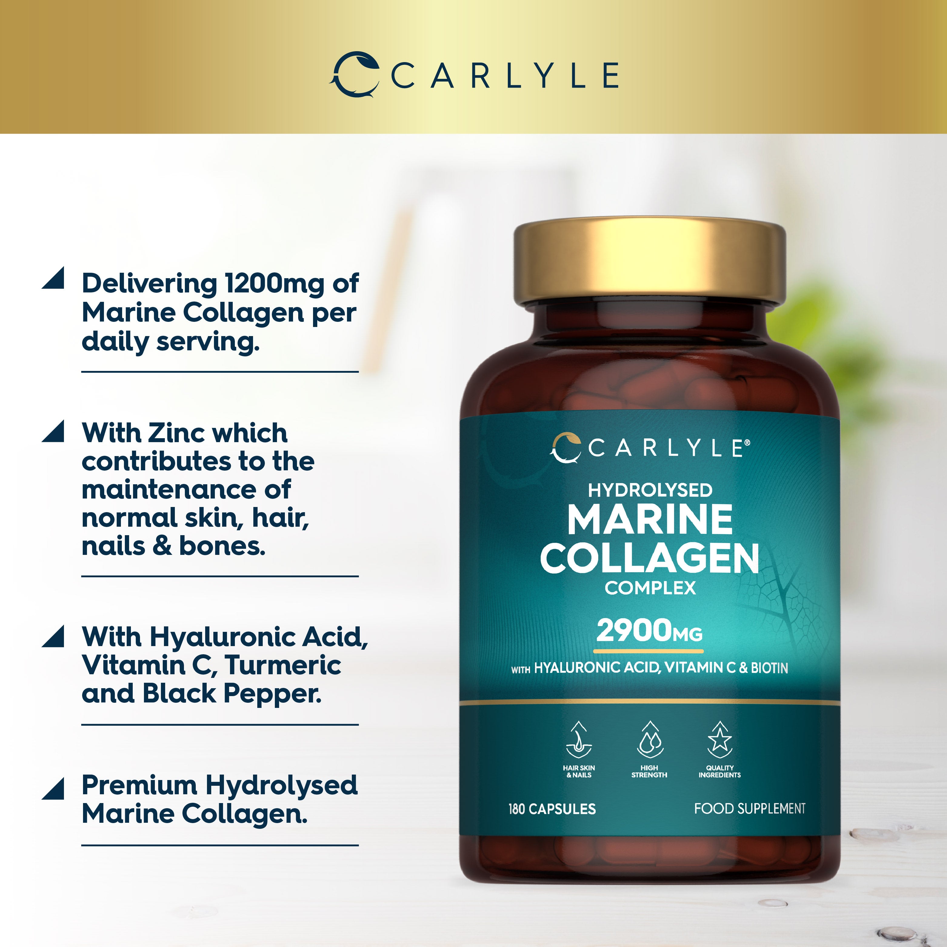 Bottle of Marine Collagen Complex 2900mg containing 180 capsules.