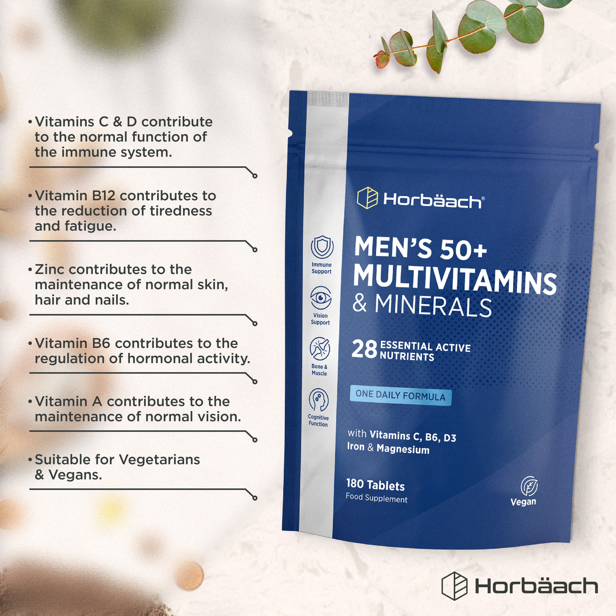 Product highlights graphic stating C&D: immunity, B12: fatigue, Zinc: skin/hair/nails, B6: hormones, A: vision, Veg & Vegan.