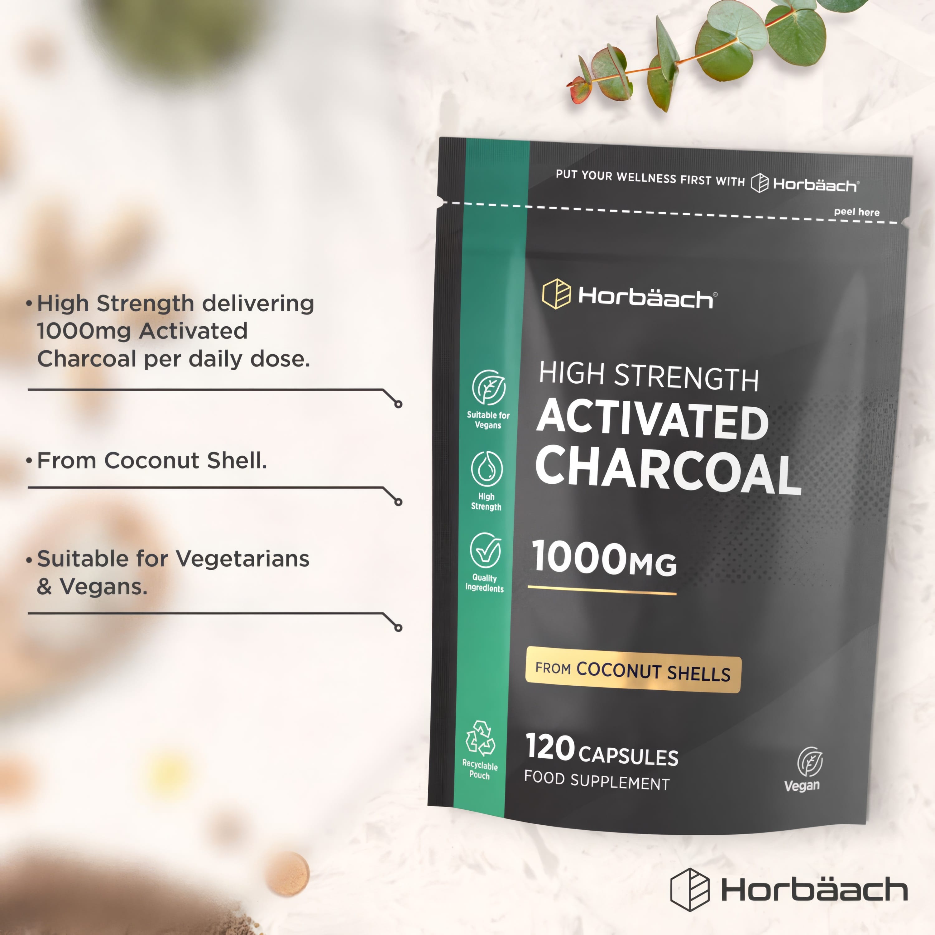 High Strength Activated Charcoal capsules, 1000mg, 120 count, from coconut shells, vegan-friendly.
