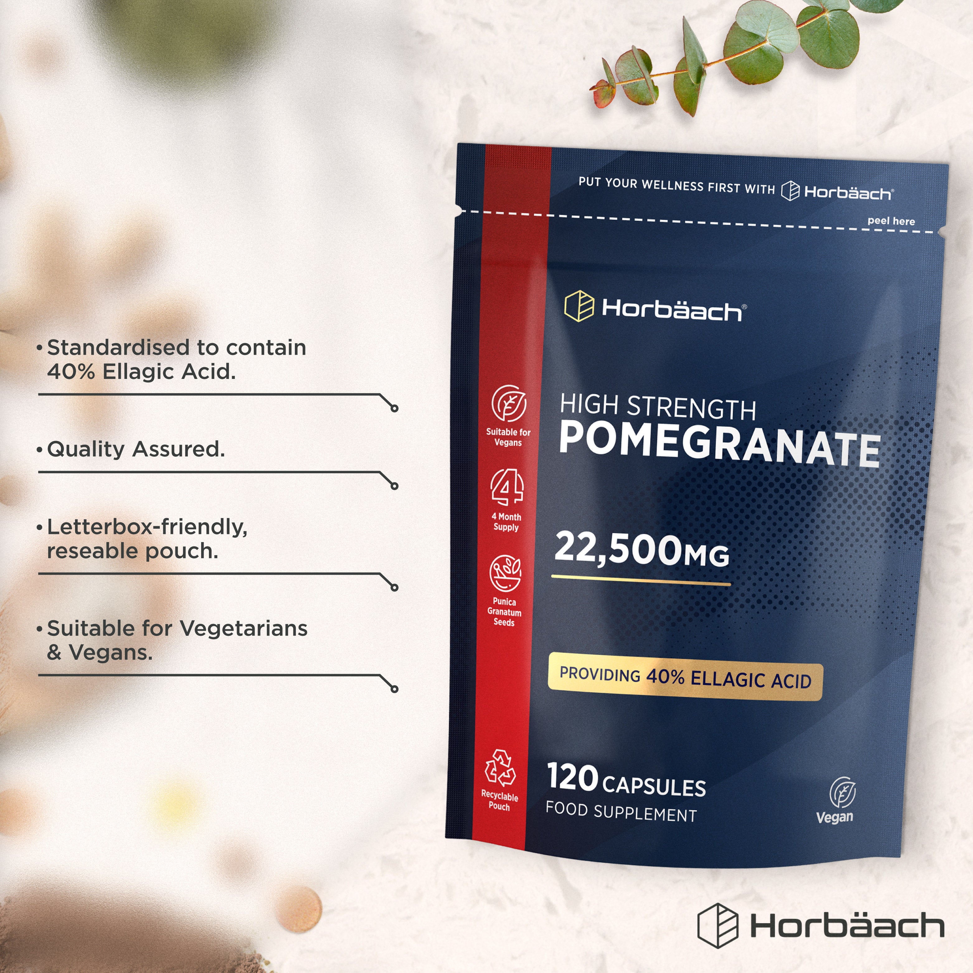 High Strength Pomegranate 22,500mg with 40% Ellagic Acid, in 120 capsules, as a food supplement.