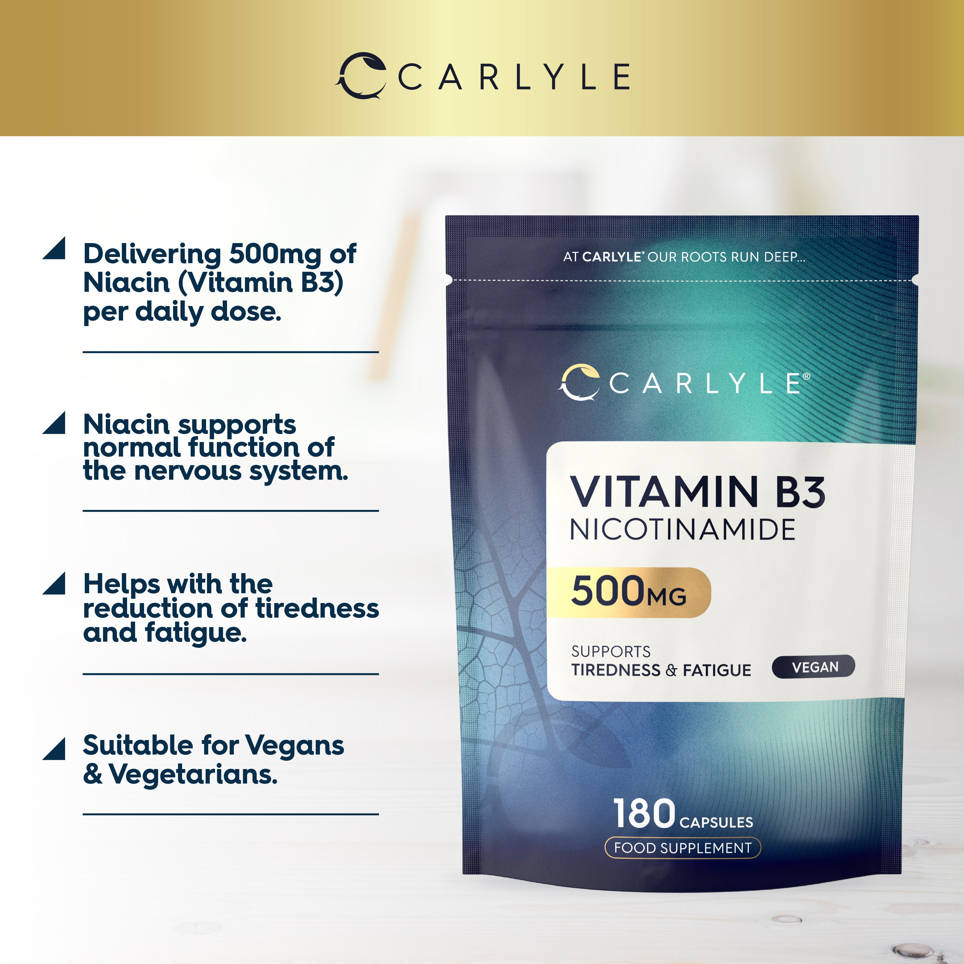Product highlights graphic stating Niacin (B3) 500mg daily, supports nervous system, reduces tiredness & fatigue, Vegan & Vegetarian friendly.
