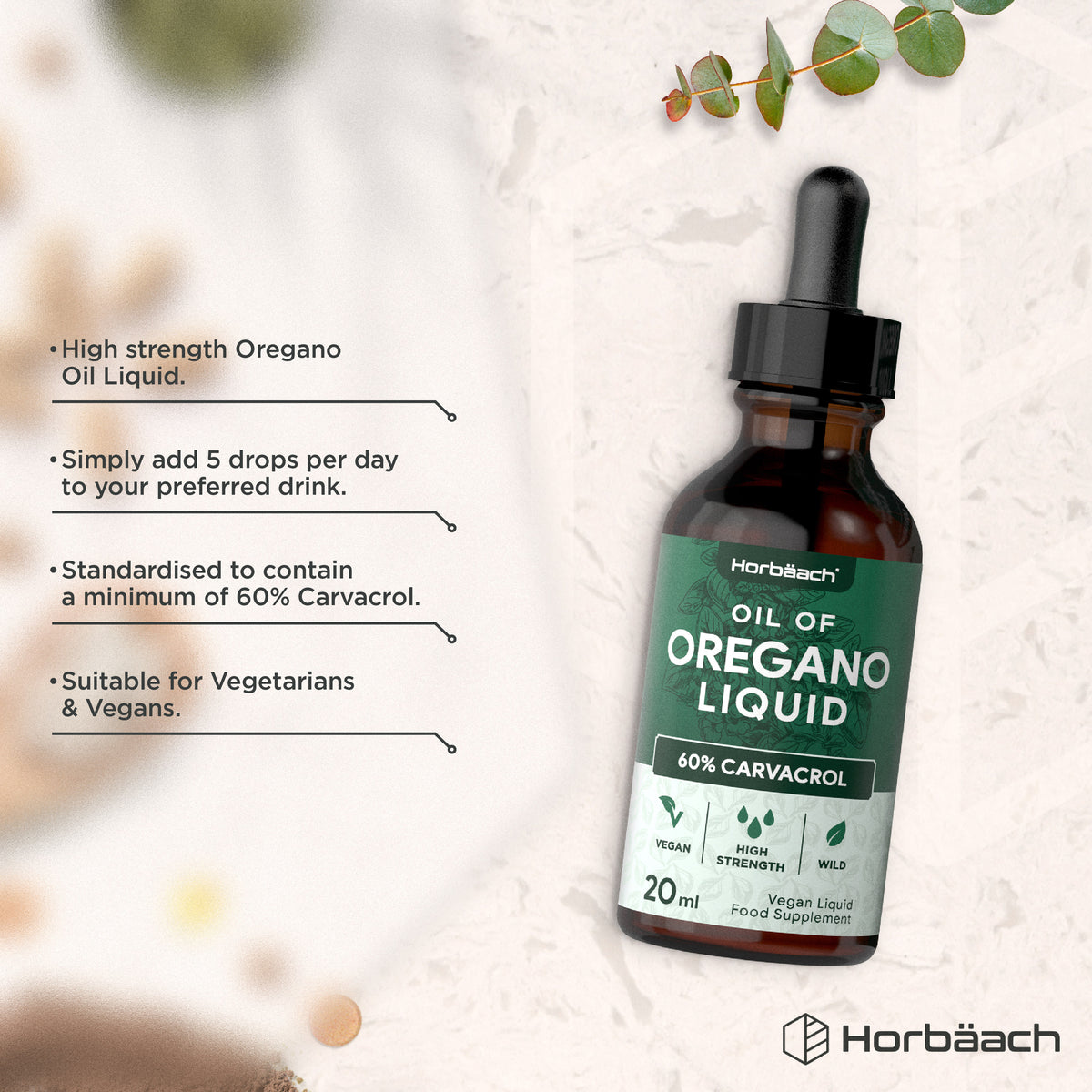 Product highlights graphic stating high strength Oregano Oil, 5 drops daily, standardized min 60% Carvacrol, vegetarian & vegan.