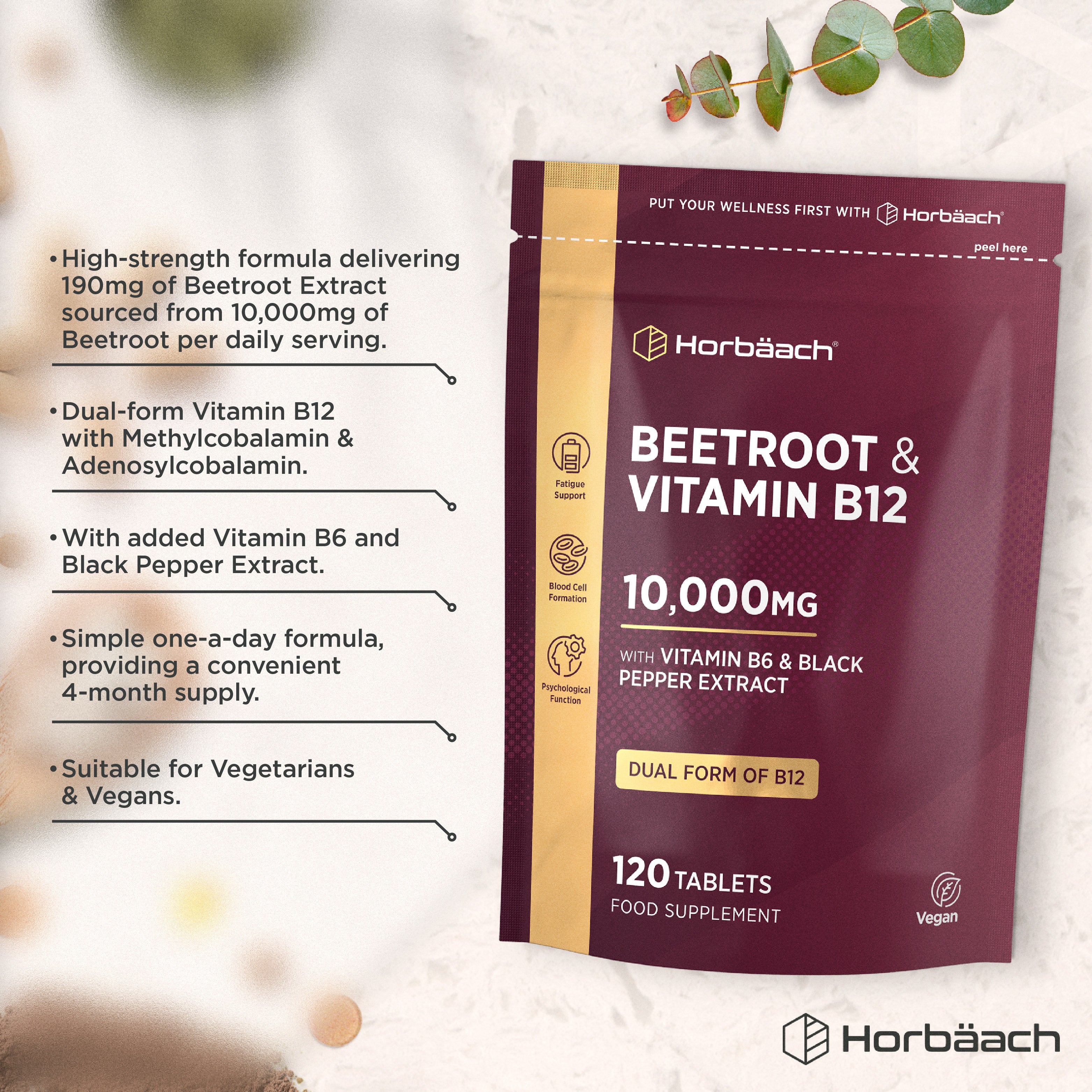 Product highlights graphic stating 10,000mg Beetroot, Dual-form B12, with Vitamin B6 & Black Pepper Extract, 4-month supply, Vegetarian & Vegan.
