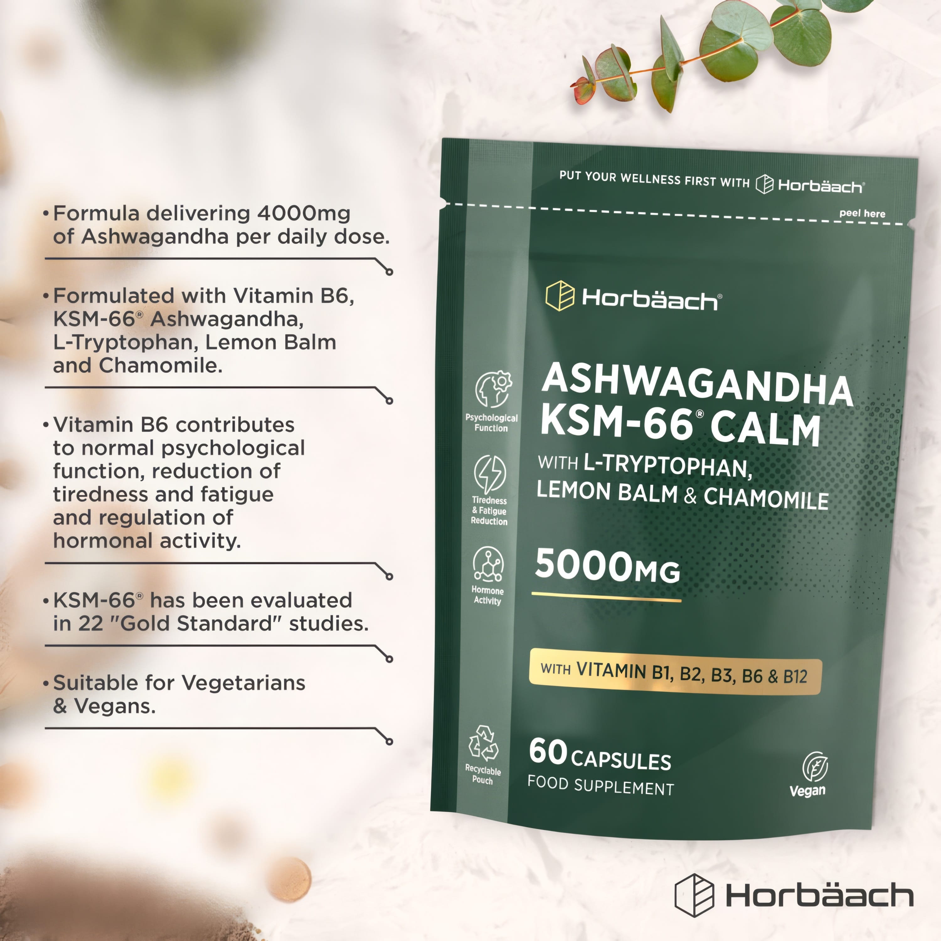 Horbäach Ashwagandha KSM-66 Calm 5000mg, includes L-Tryptophan, Lemon Balm, and Chamomile. Comes in 60 vegan capsules pouch.