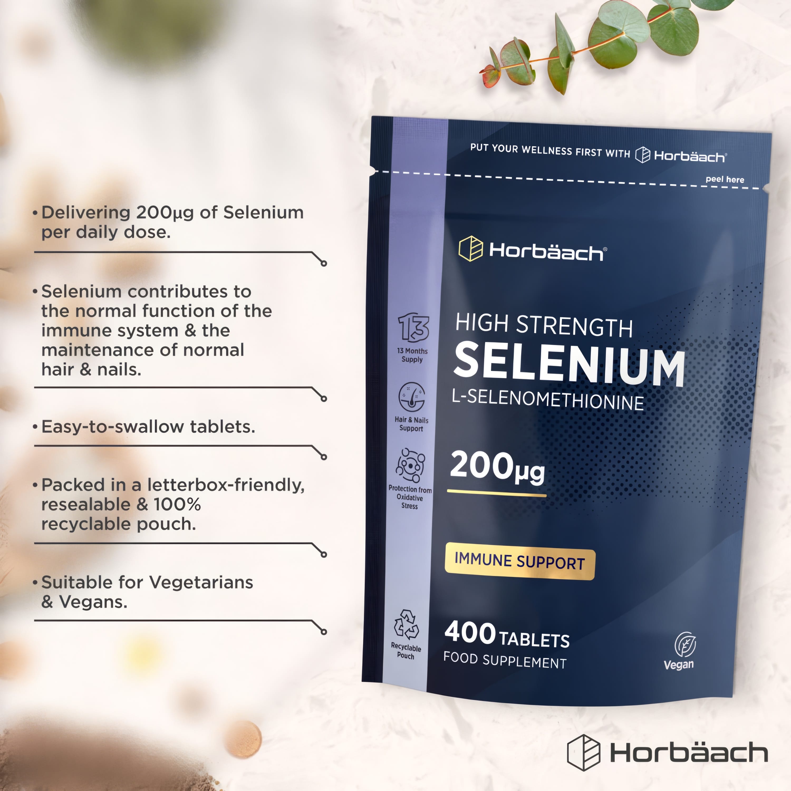 High Strength Selenium L-Selenomethionine 200µg, 400 Tablets. Supports immune health. Vegan-friendly. Benefits hair and nails.