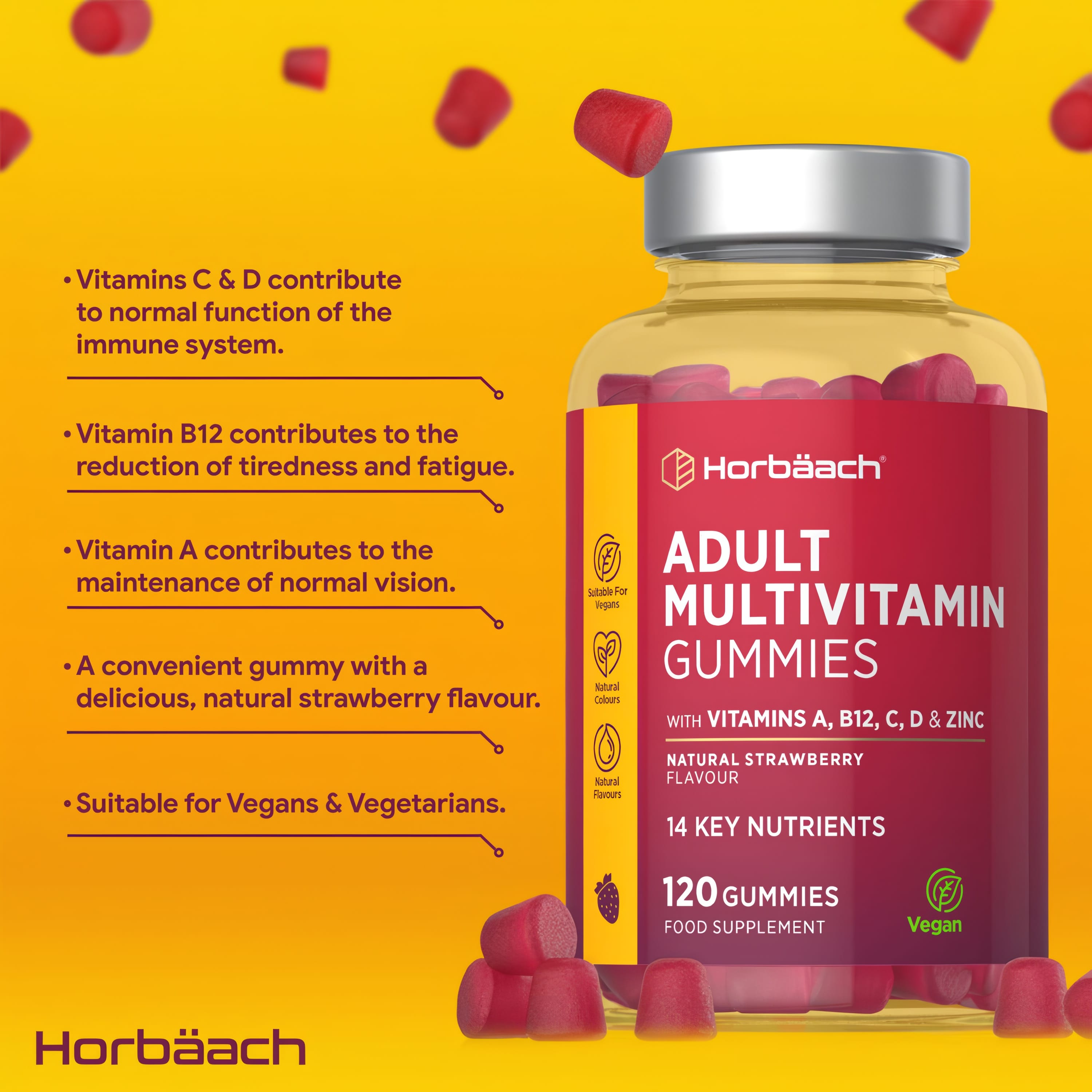 Product highlights graphic stating Vitamins C & D for immune support, B12 for energy, less fatigue, A for vision, vegan strawberry.