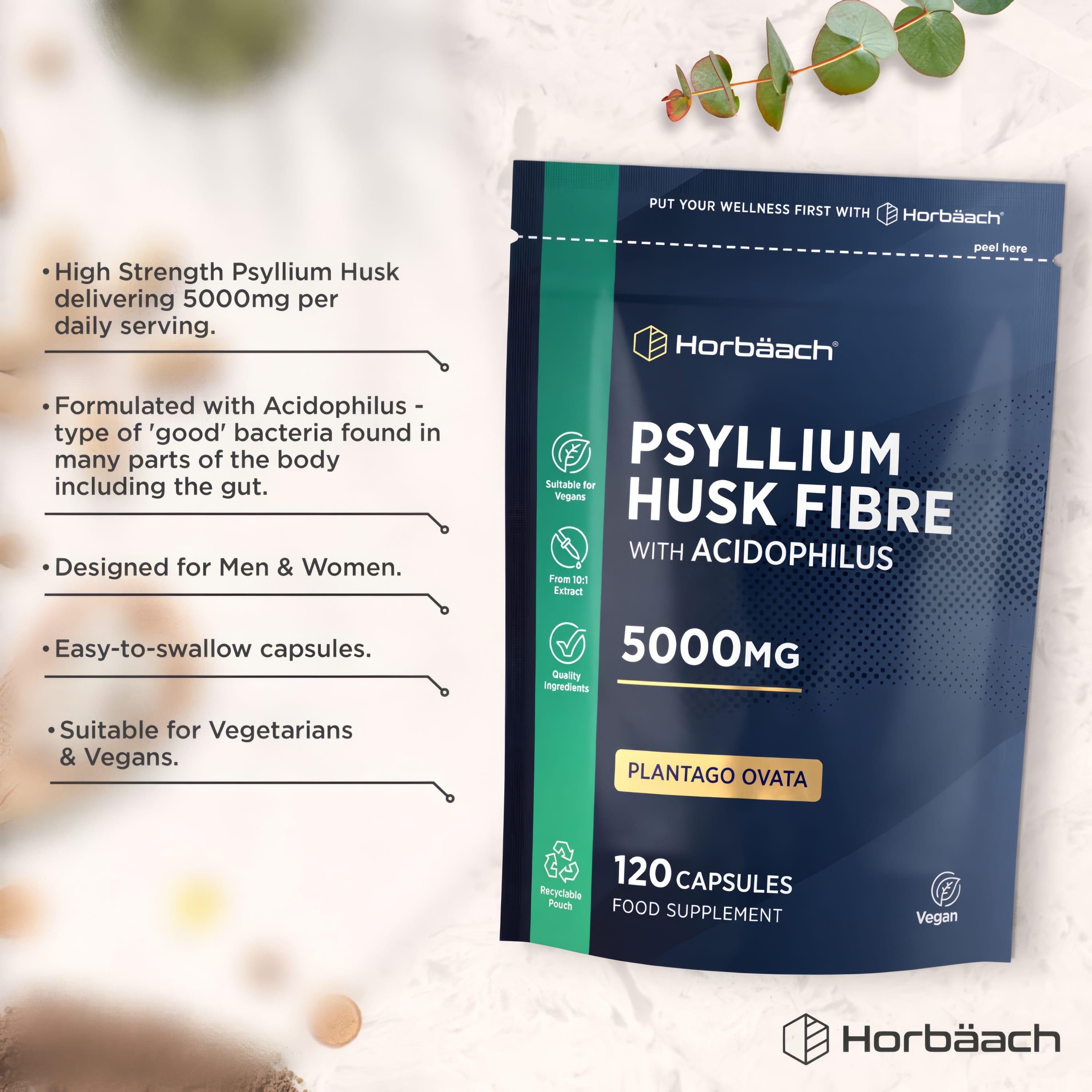Horbäach Psyllium Husk Fibre with Acidophilus 5000mg, 120 Capsules. Vegan Plantago Ovata food supplement.