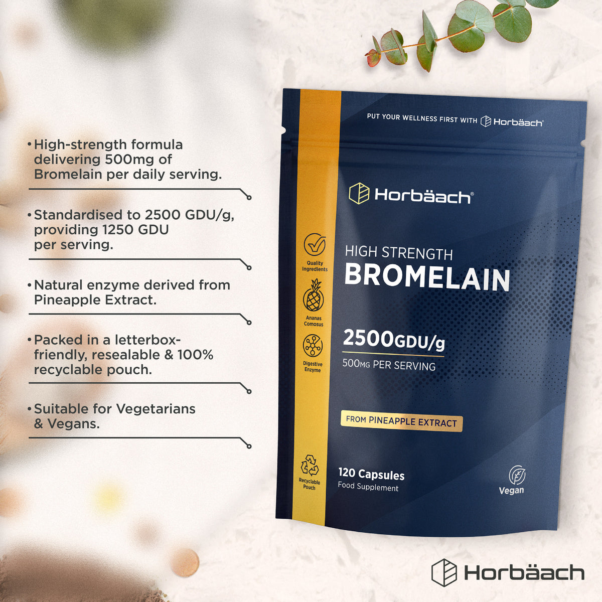 Product highlights graphic stating High-strength 500mg Bromelain (1250 GDU/serving) from Pineapple Extract, resealable pouch, Vegan.