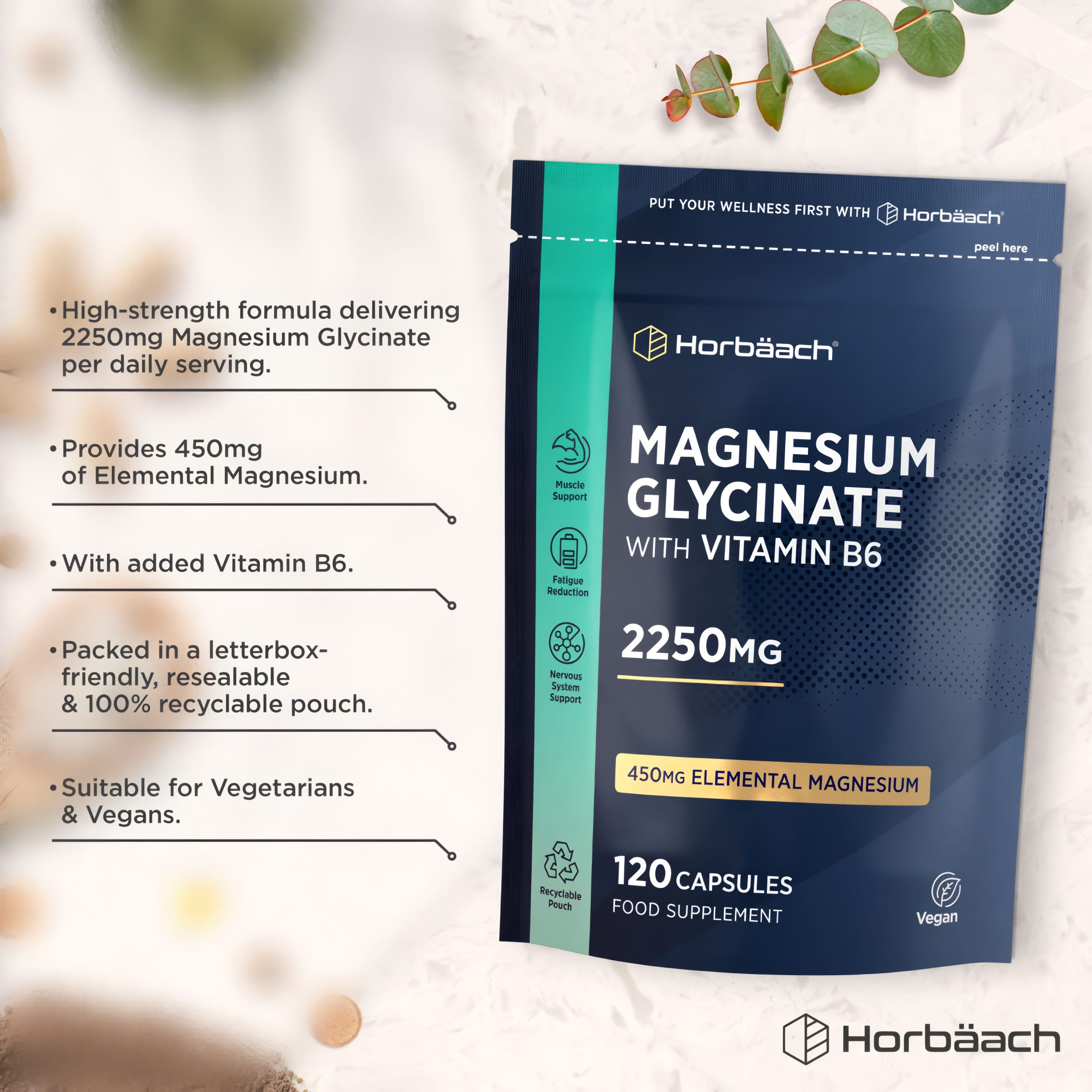 Magnesium Glycinate 2250mg with Vitamin B6 offers 450mg elemental magnesium in 120 vegan capsules in a recyclable pouch.