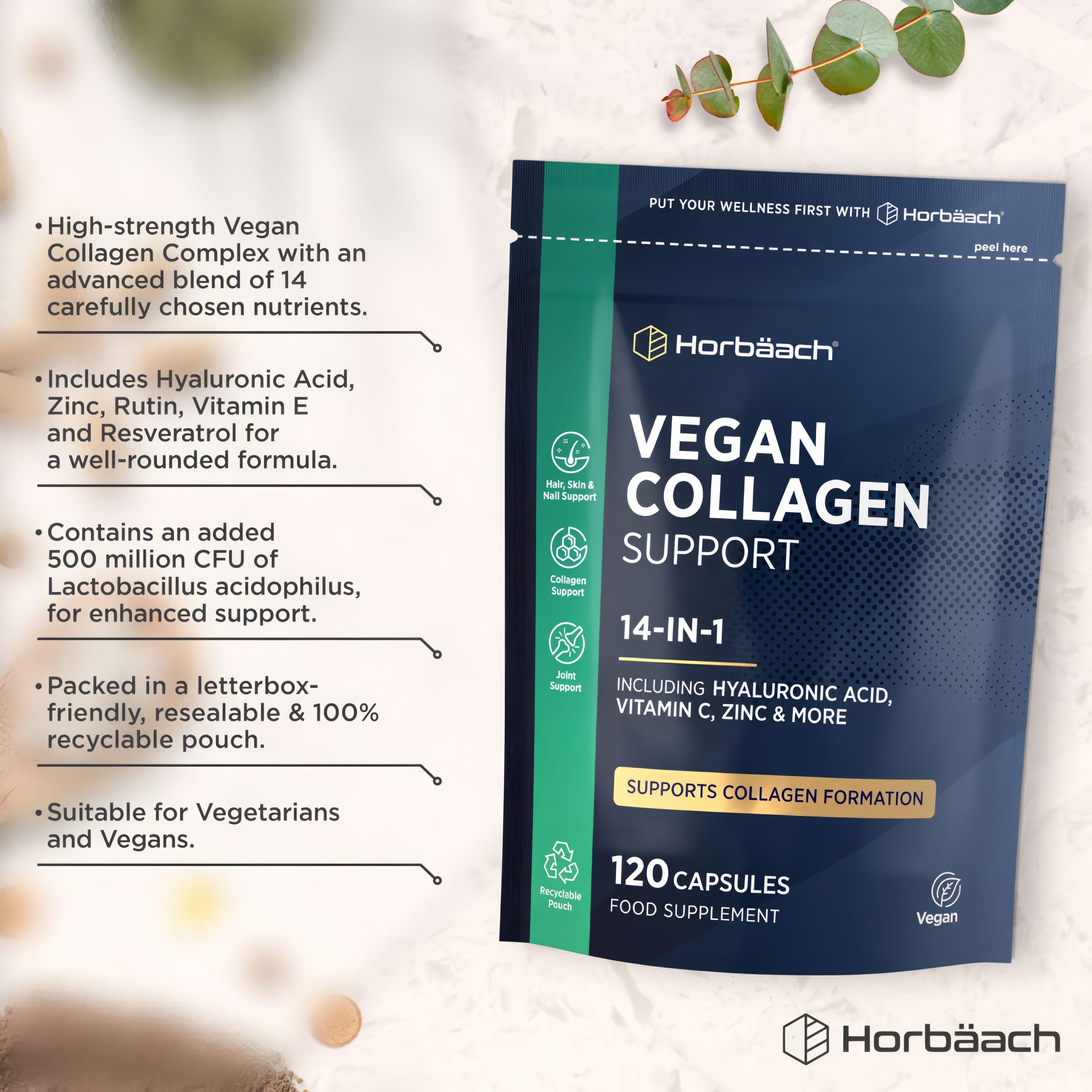 Horbäach Vegan Collagen 14-in-1 with Hyaluronic Acid, Vitamin C, and Zinc in 120 capsules supports collagen formation, Vegan.