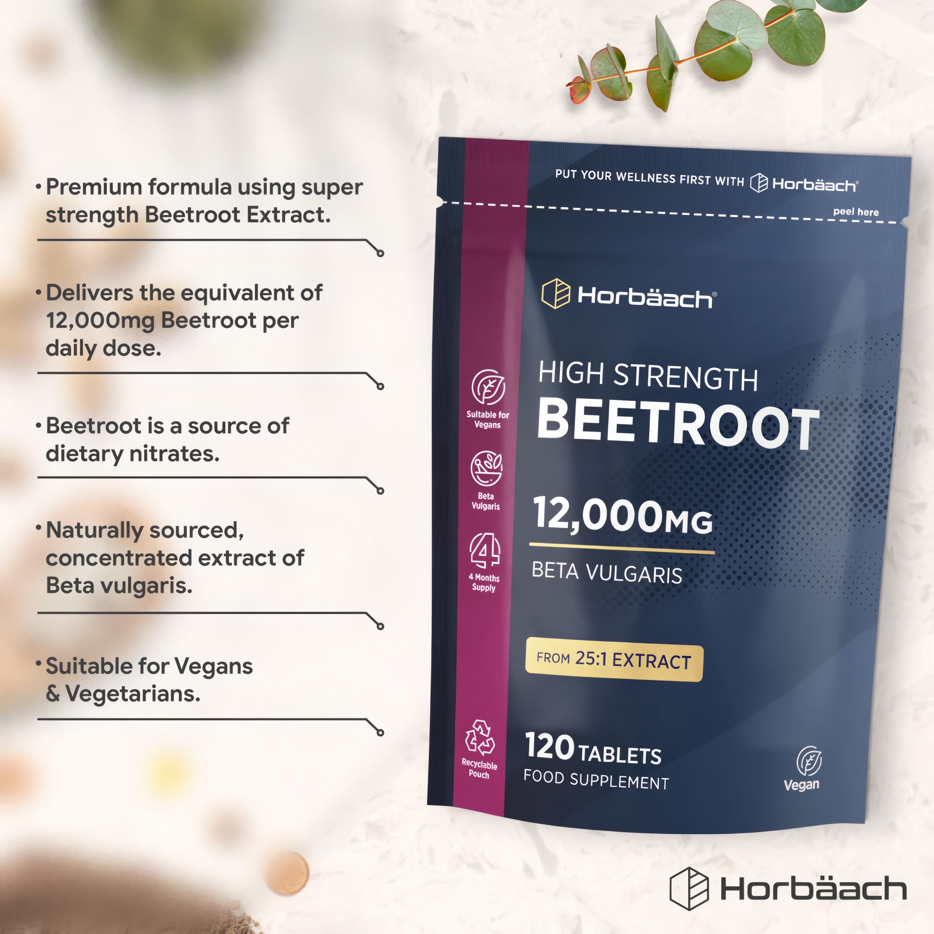 Horbäach High Strength Beetroot 12,000mg tablets, 120 count, vegan food supplement.