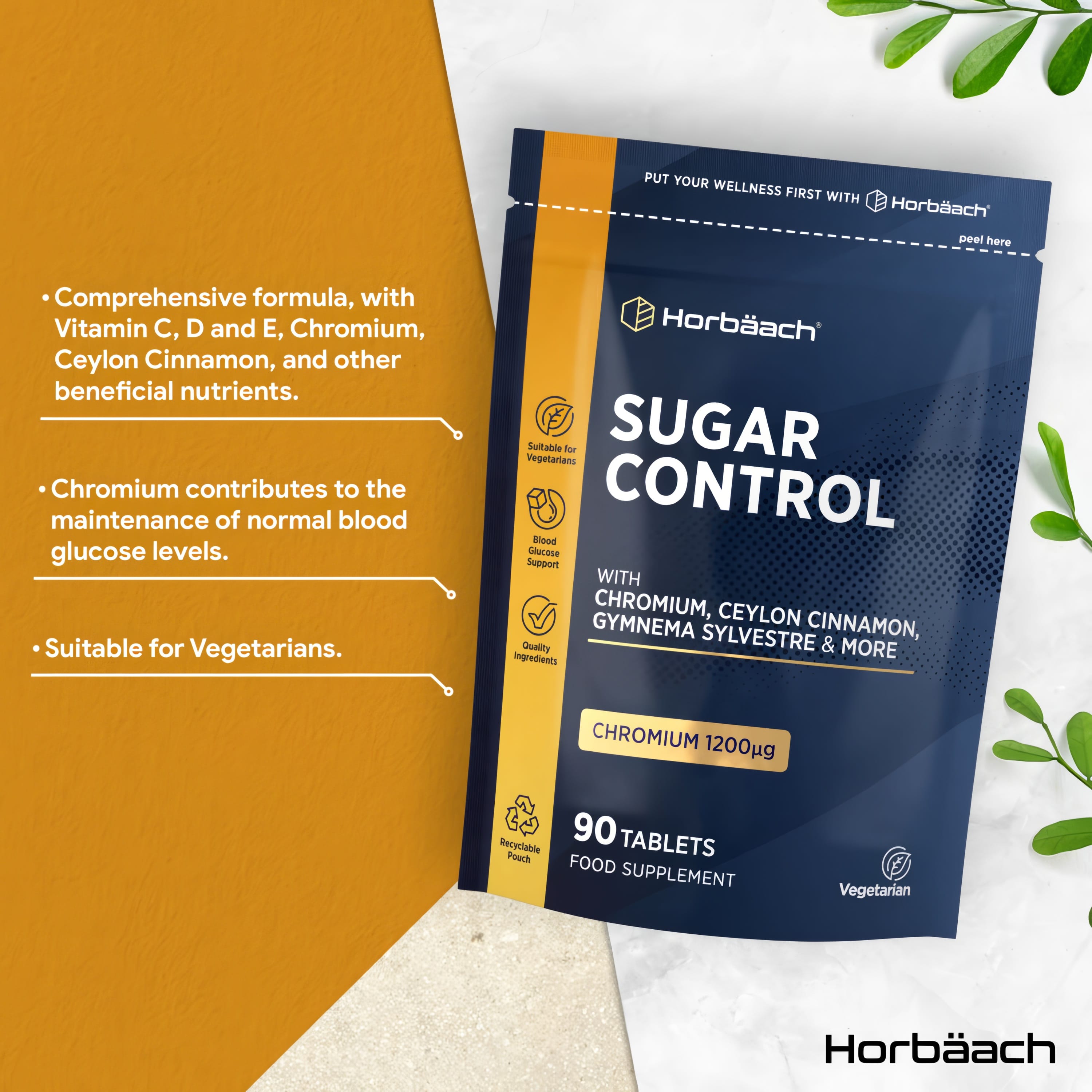 Horbäach Sugar Control 90 Tablets pouch with Chromium, Ceylon Cinnamon, Gymnema Sylvestre supplement.