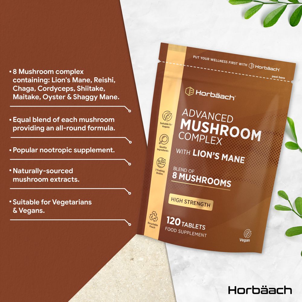 A hand holds a bottle of Advanced Mushroom Complex containing 120 tablets, emphasizing its bulk size.