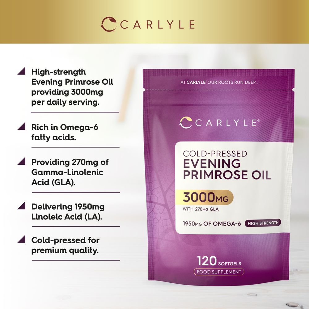 Hand holding 120 softgels of 3000mg cold-pressed evening primrose oil.