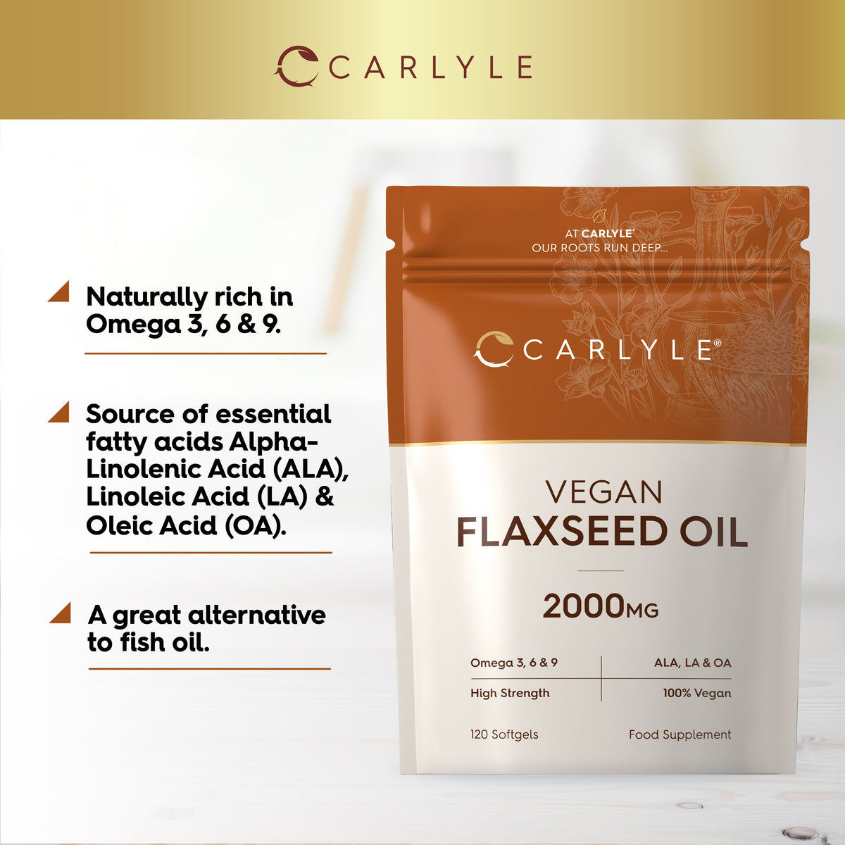 Product highlights graphic stating: Rich in Omega 3, 6 & 9, source of ALA, LA & OA; alternative to fish oil.