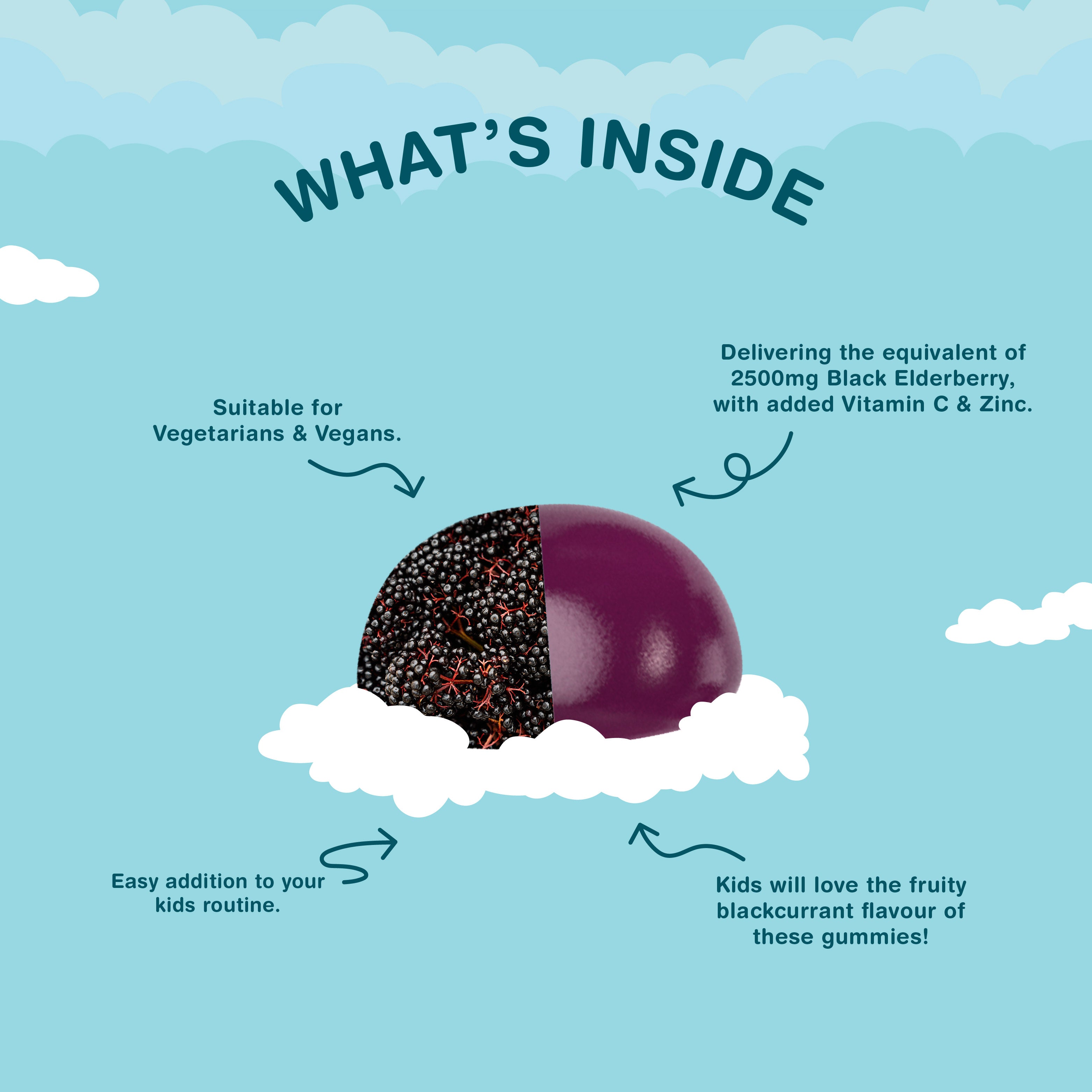 Product highlights graphic stating Vegetarian & Vegan, 2500mg Black Elderberry equiv., Vitamin C & Zinc, Easy kids routine, Fruity blackcurrant kids love.