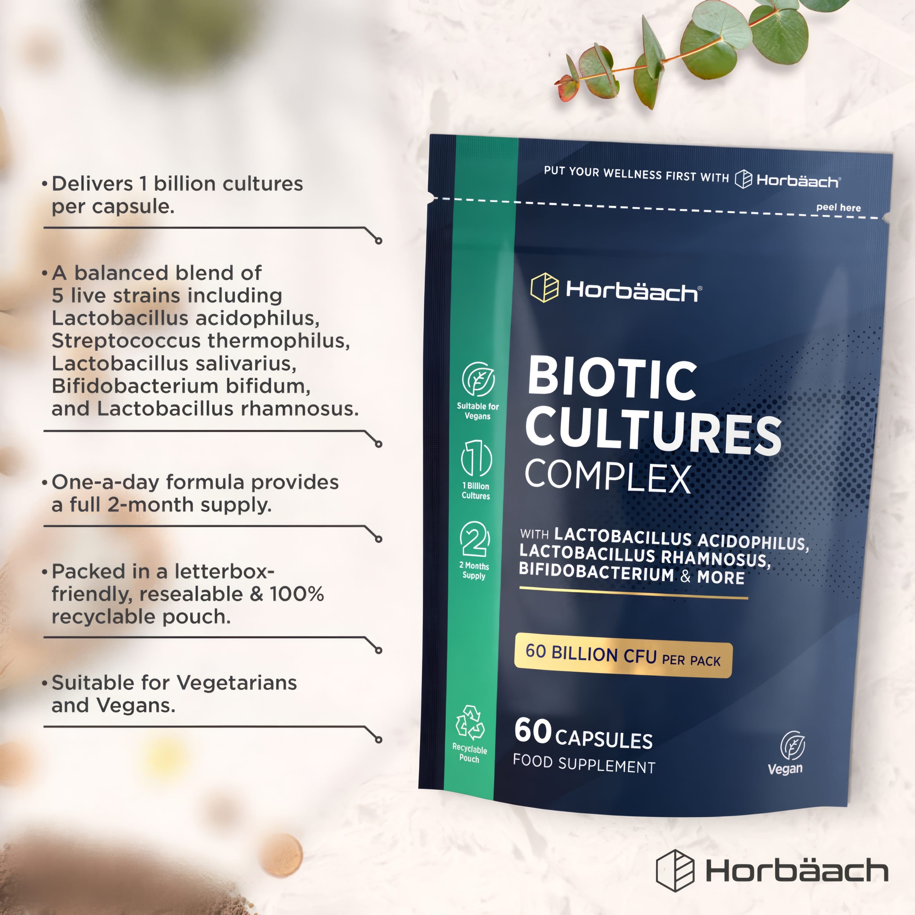 Product highlights graphic stating 1B cultures/capsule, 5 strains (L. acidophilus, etc.), 2-month supply, Recyclable pouch, Vegan.
