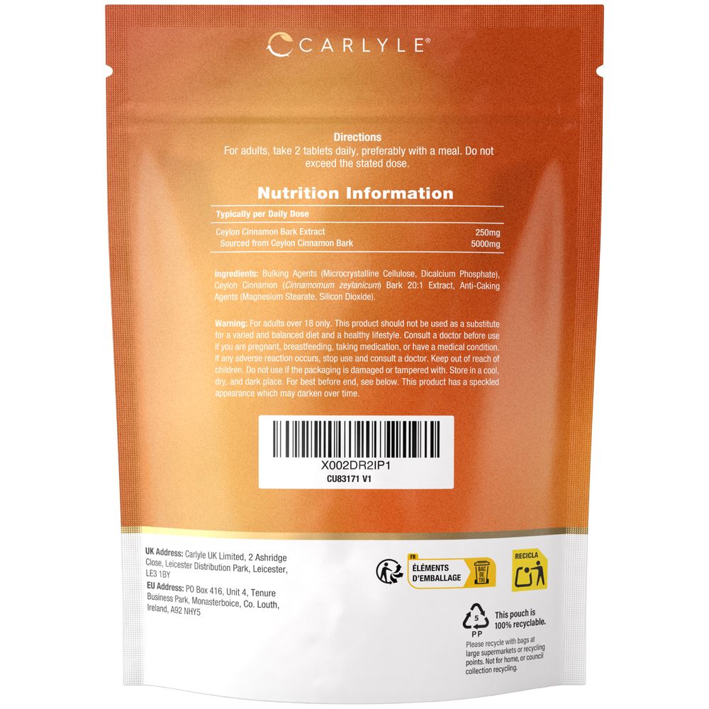 CU Ceylon Cinnamon pouch contains 180 vegan tablets, each with 5000mg of cinnamon.