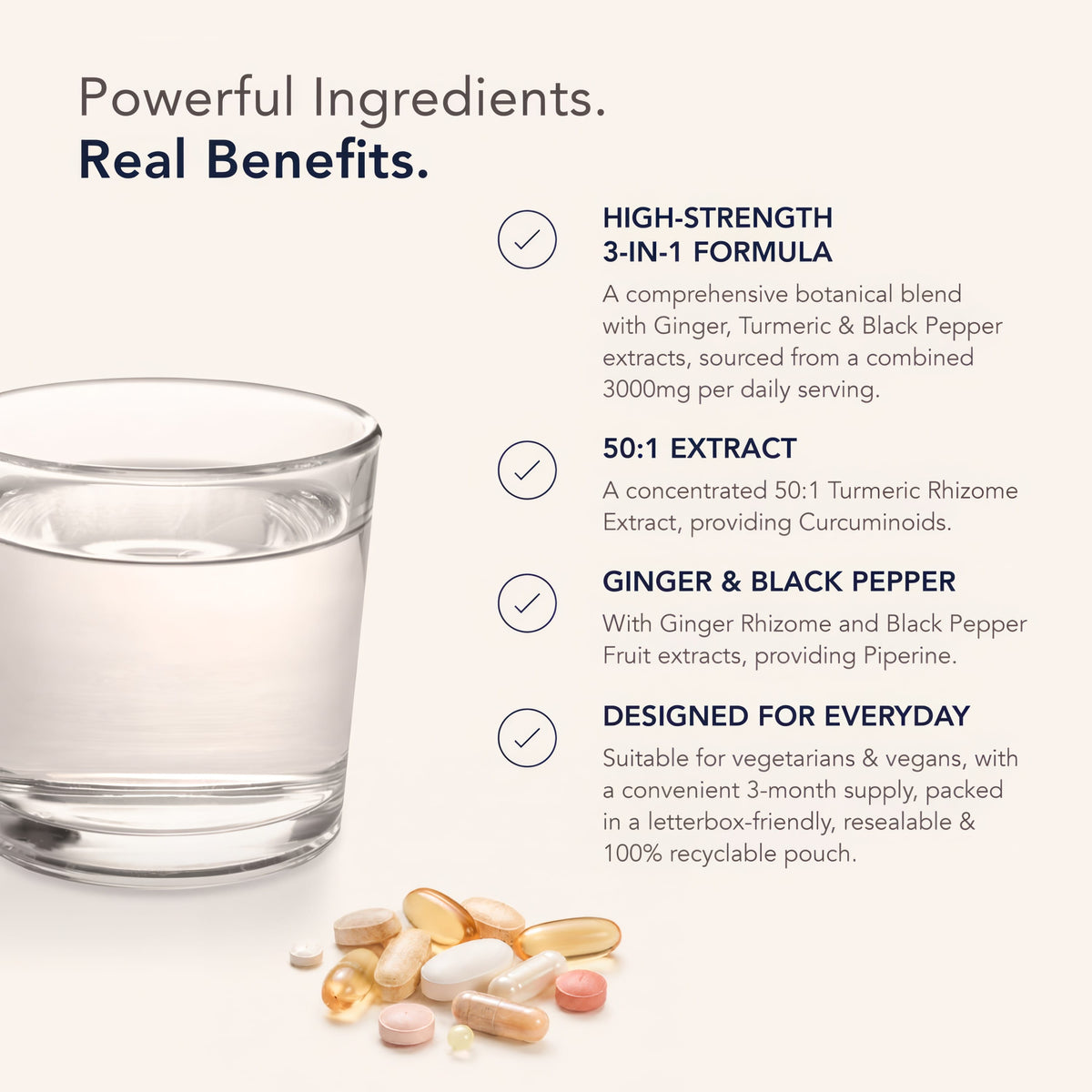 Product highlights graphic stating Ginger, Turmeric, Black Pepper 3000mg, 50:1 Turmeric Curcuminoids, Piperine, Vegan, 3-month, recyclable.