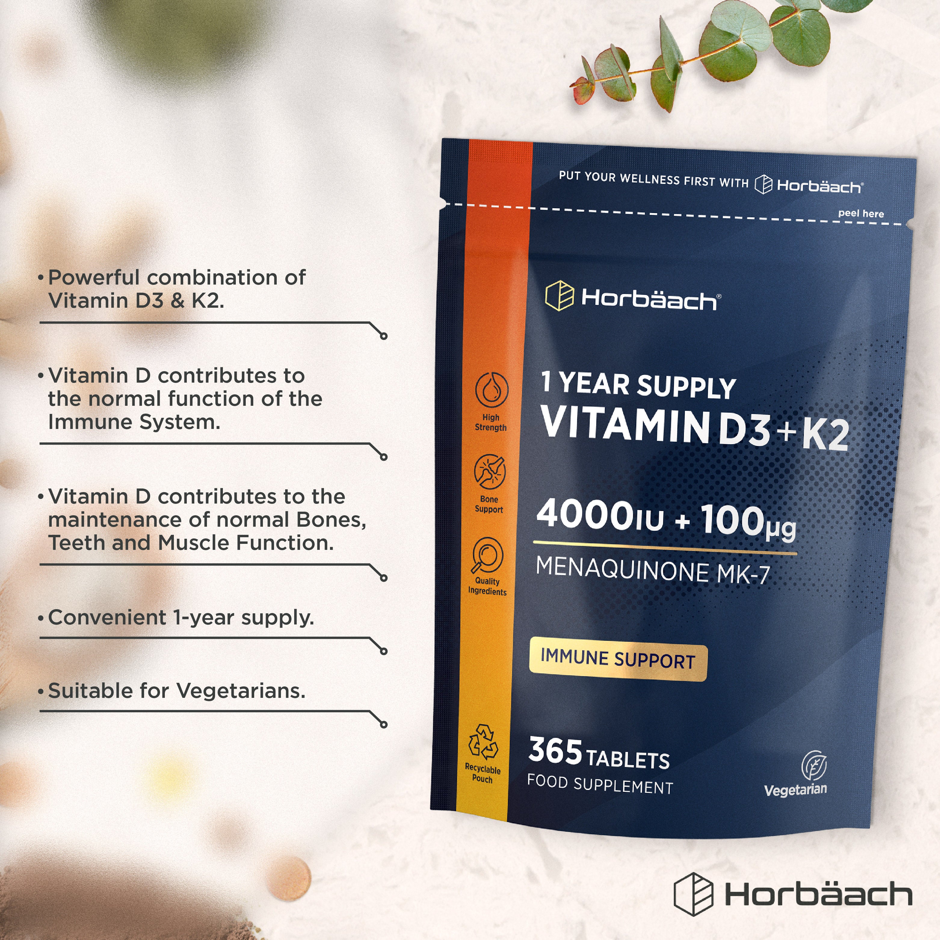 Vitamin D3 4000 IU & K2 MK7 100 µg | 365 Tablets