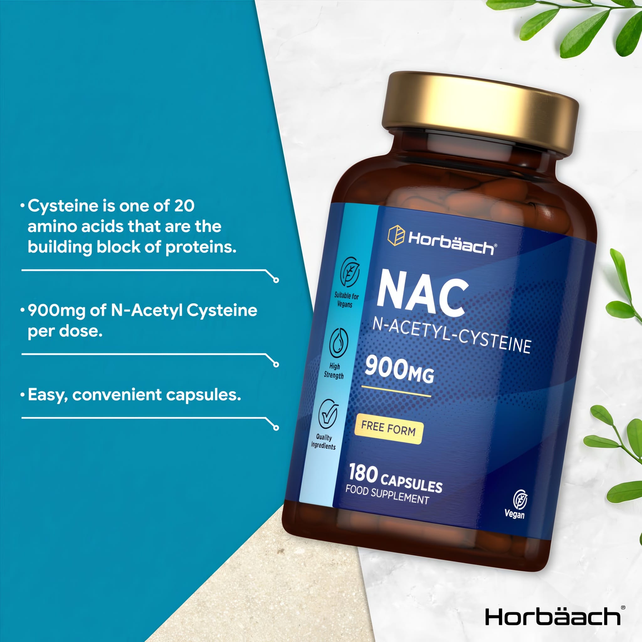 A hand holds a Horbäach N-Acetyl Cysteine (NAC) 900mg bottle containing 180 capsules, demonstrating the product size.