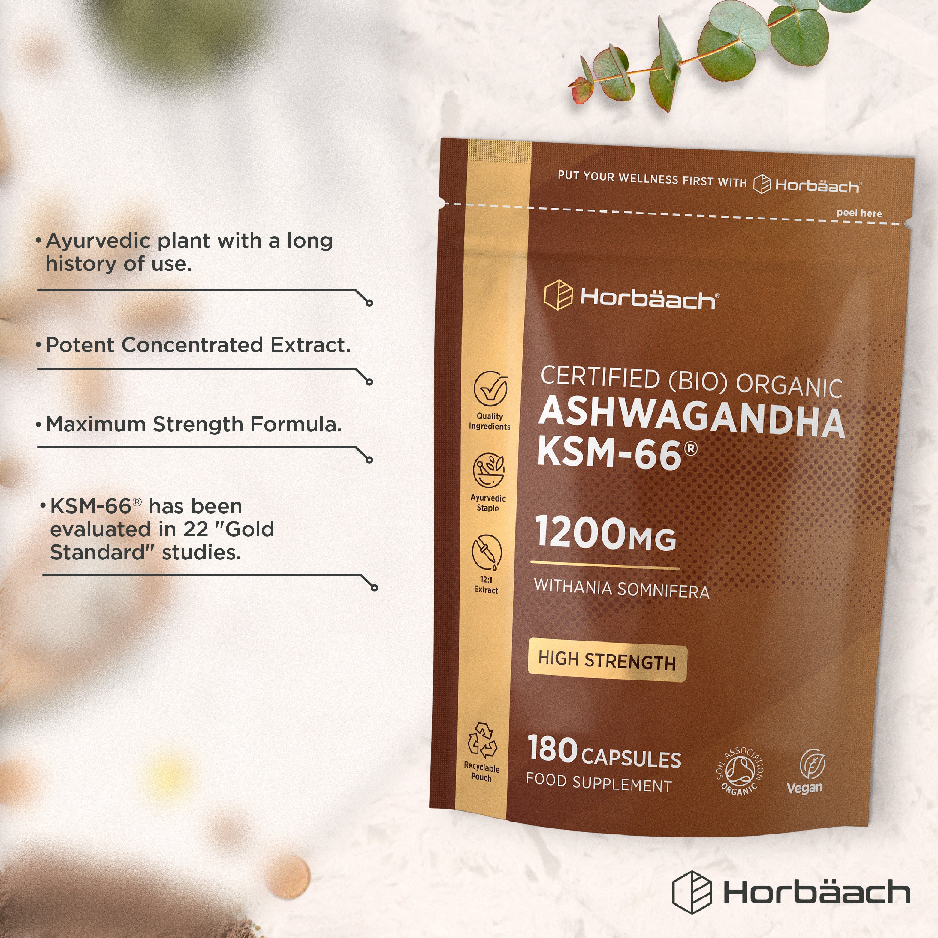 Horbäach KSM-66® Organic Ashwagandha 1200mg 180 Vegan Capsules pouch as a food supplement.