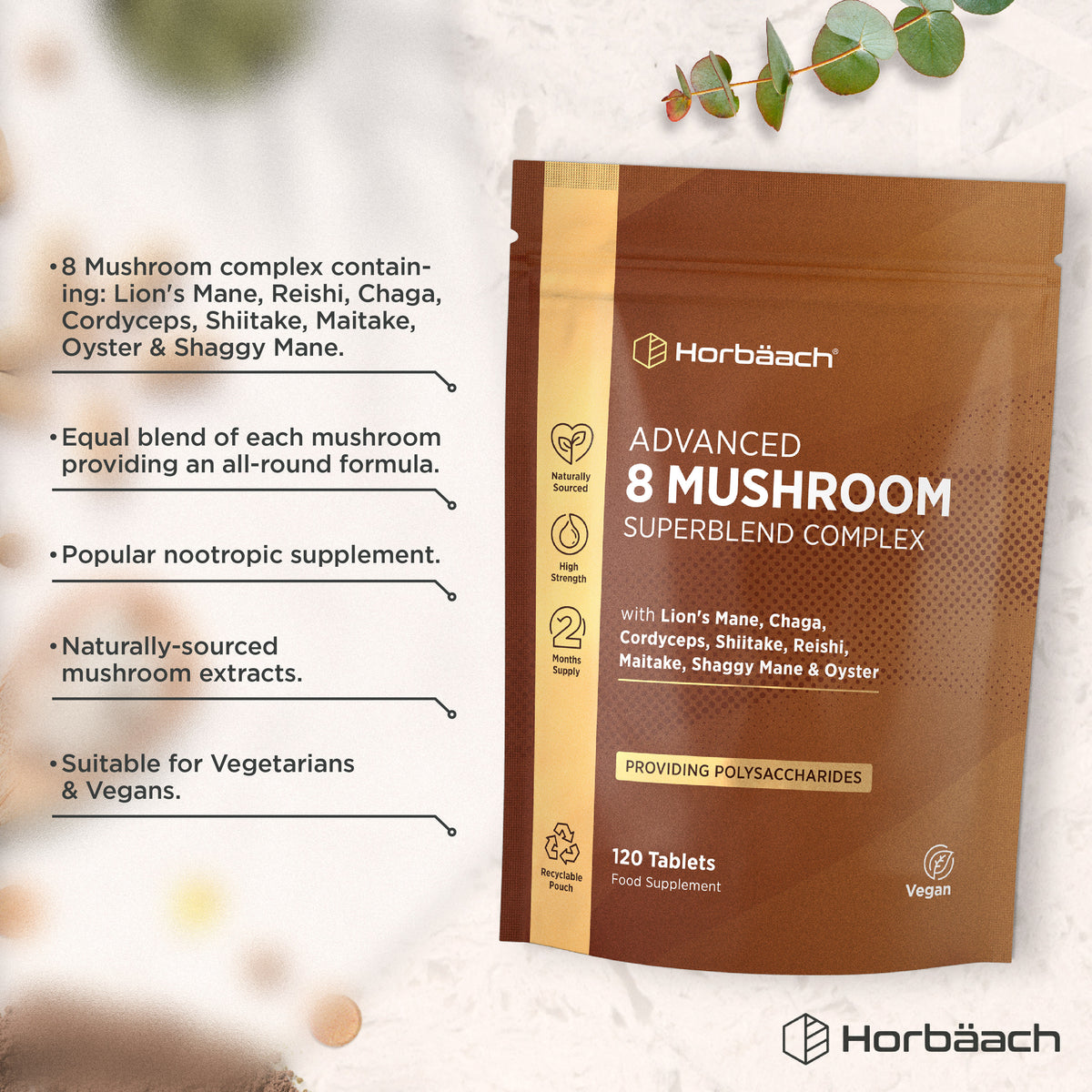 Horbäach Advanced 8 Mushroom Superblend Complex with 8 mushrooms supplying polysaccharides. 120 Vegan Tablets.