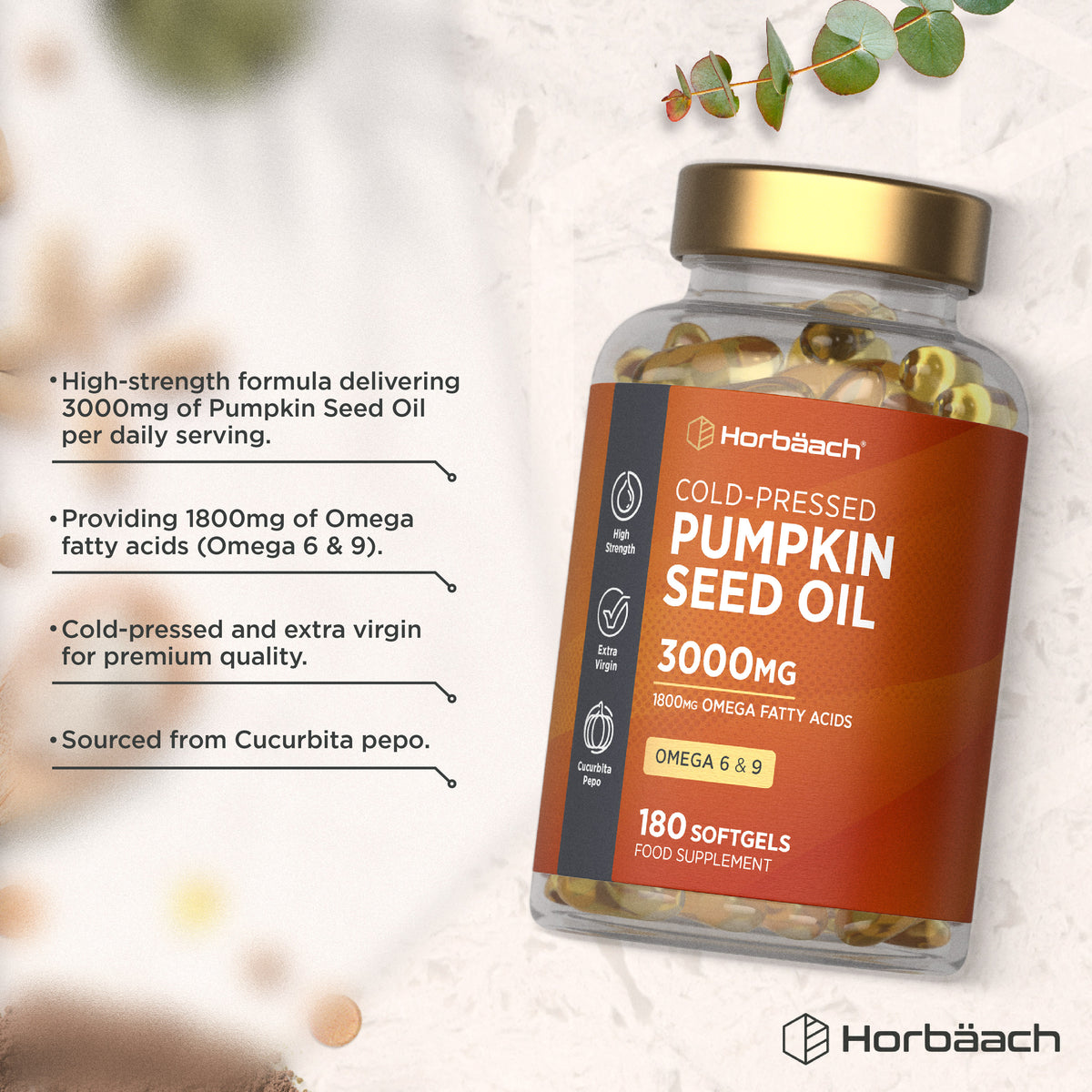 Product highlights graphic stating 3000mg Pumpkin Seed Oil, 1800mg Omega 6 & 9, Cold-pressed, extra virgin, sourced from Cucurbita pepo.