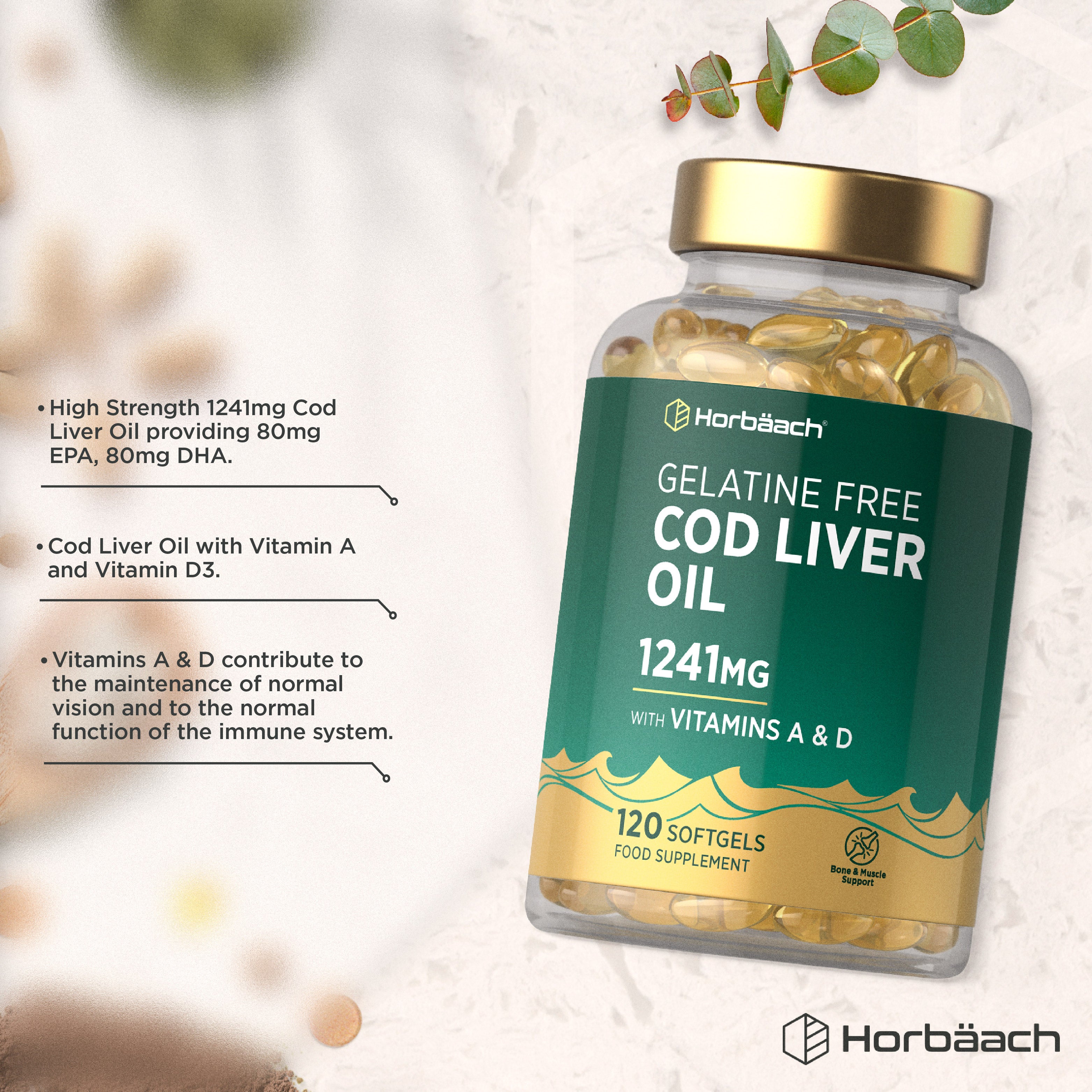 Gelatine-free cod liver oil 1241mg with vitamins A & D, 120 softgels, a food supplement for bone and muscle support.