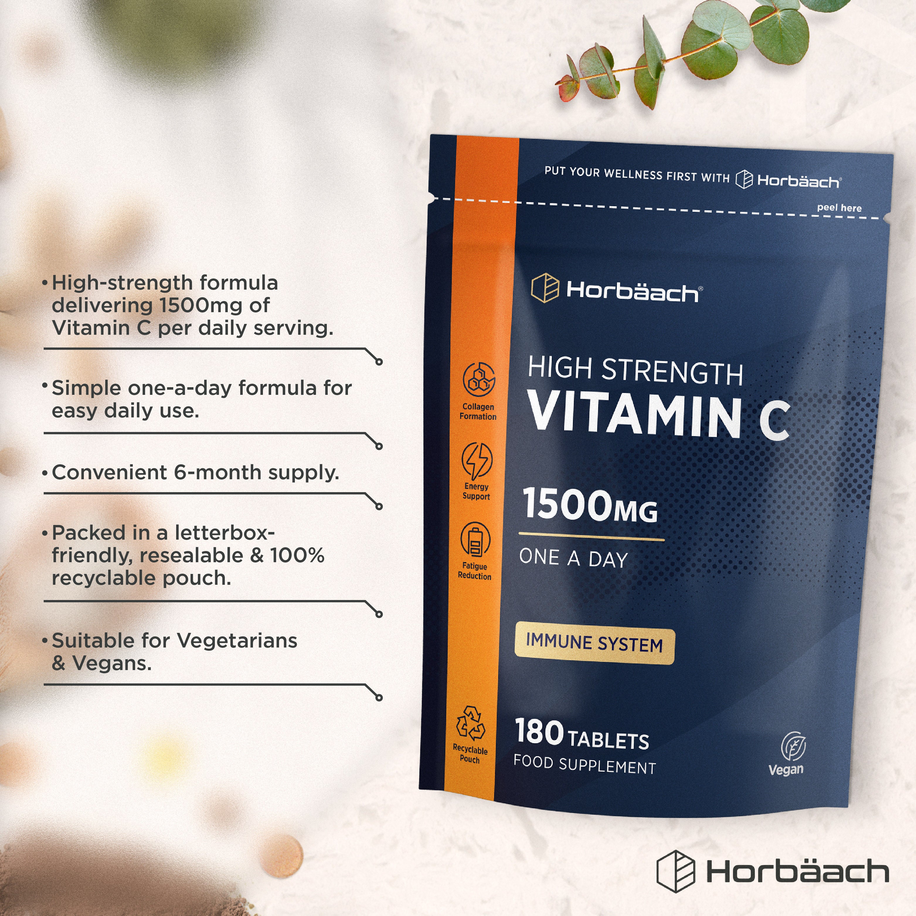 Horbäach HIGH STRENGTH VITAMIN C 1500MG tablets in a recyclable pouch, vegan. 180 tablets, one a day food supplement.