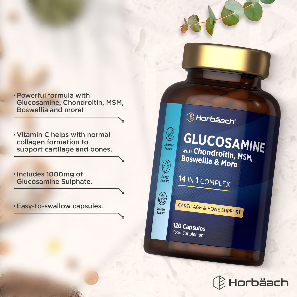 Glucosamine, Chondroitin, MSM & Boswellia 14 In 1 Complex supports cartilage and bone health, with 120 capsules as a supplement.