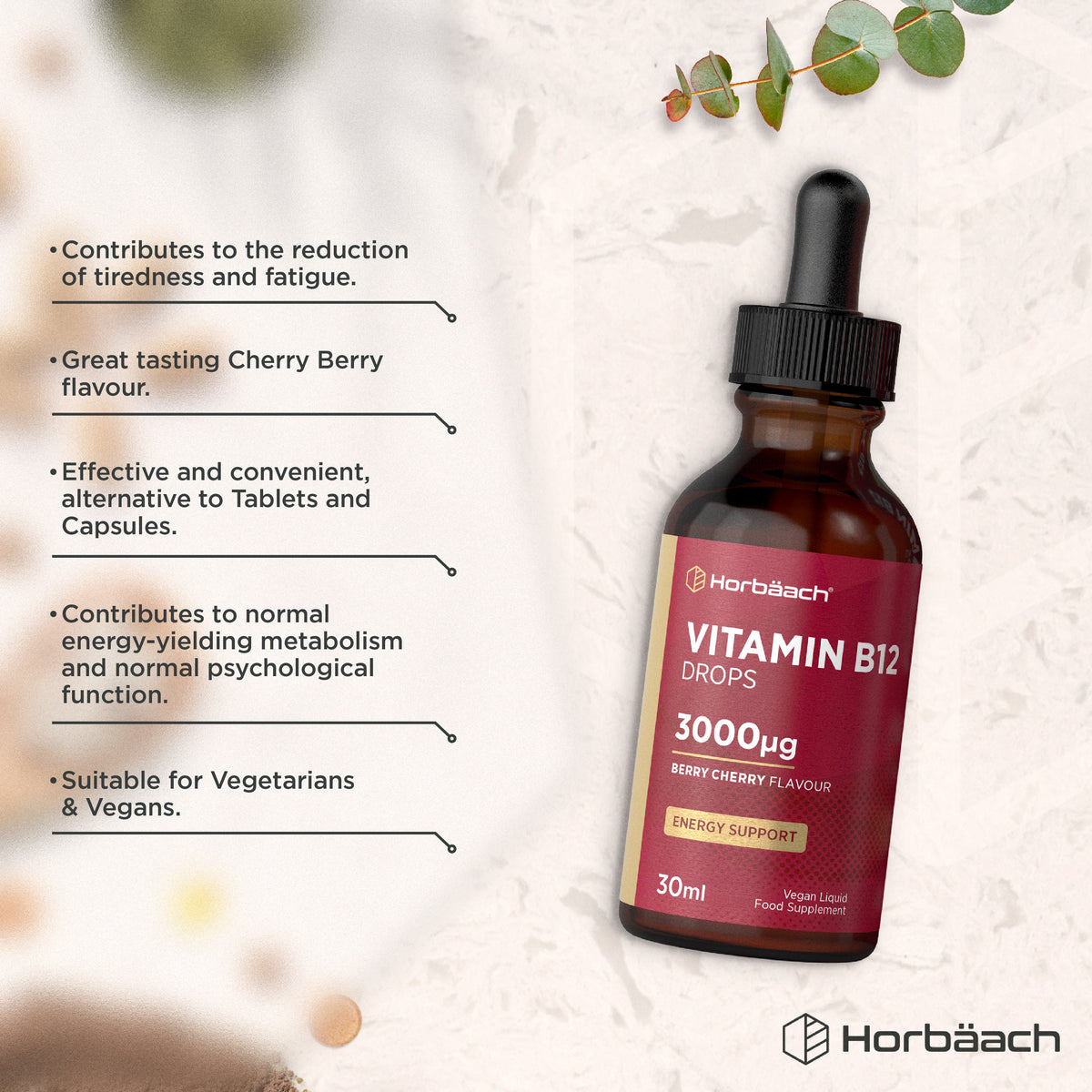 Product highlights graphic stating Reduces tiredness/fatigue, Cherry Berry flavor, Convenient liquid, Supports energy, psychology, Vegetarian & Vegan.