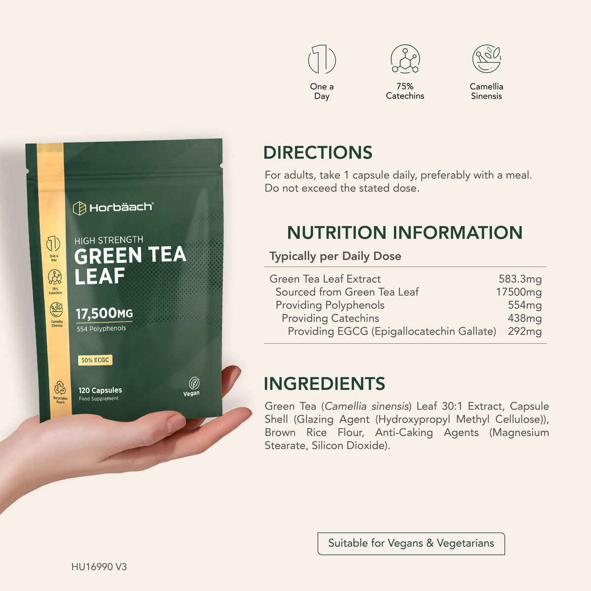Horbäach Green Tea Leaf 17,500mg, 554 Polyphenols, 75% Catechins, 50% EGCG, 120 Vegan Capsules. Take one daily.