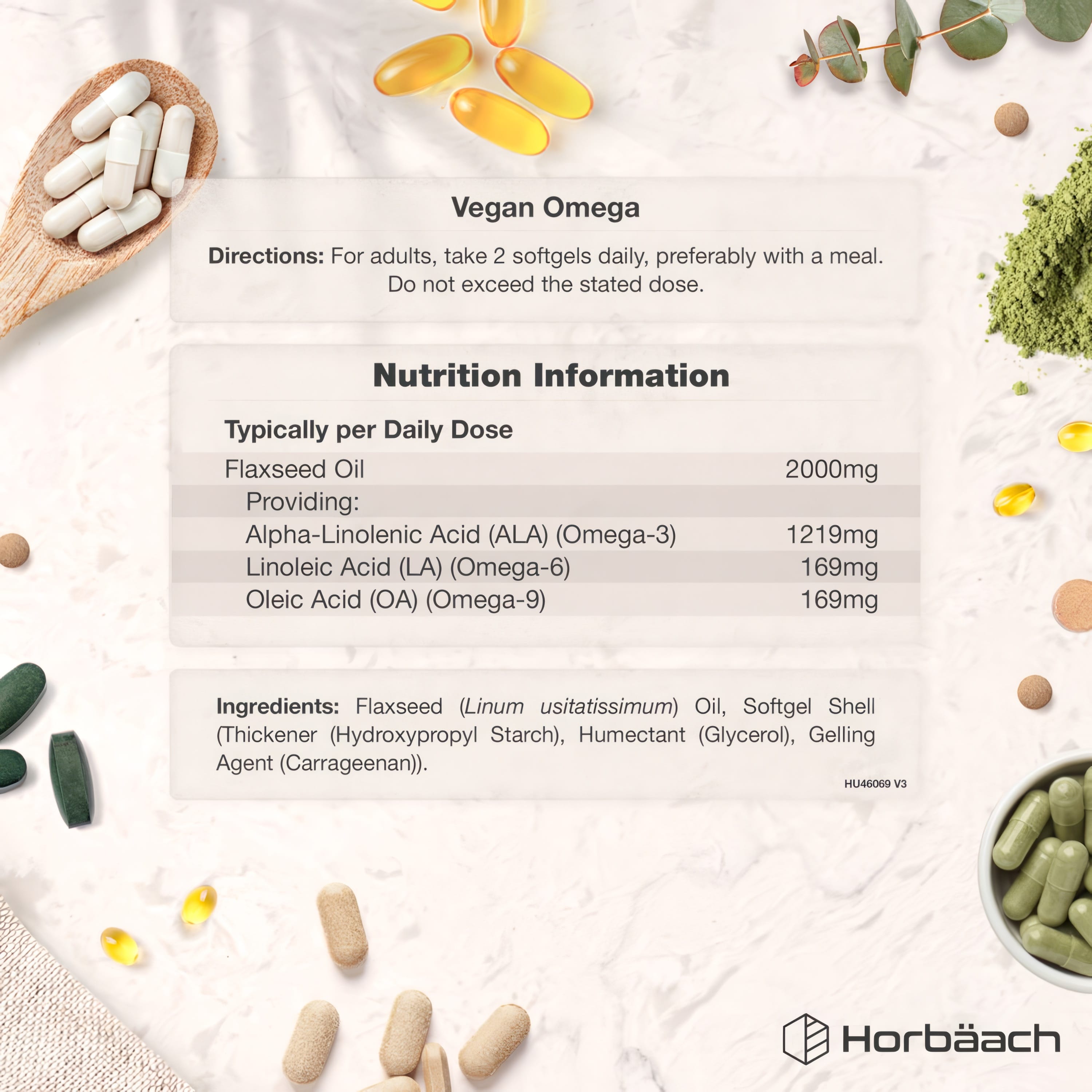 HU Vegan Omega 369 supplement facts panel for 90 softgels.