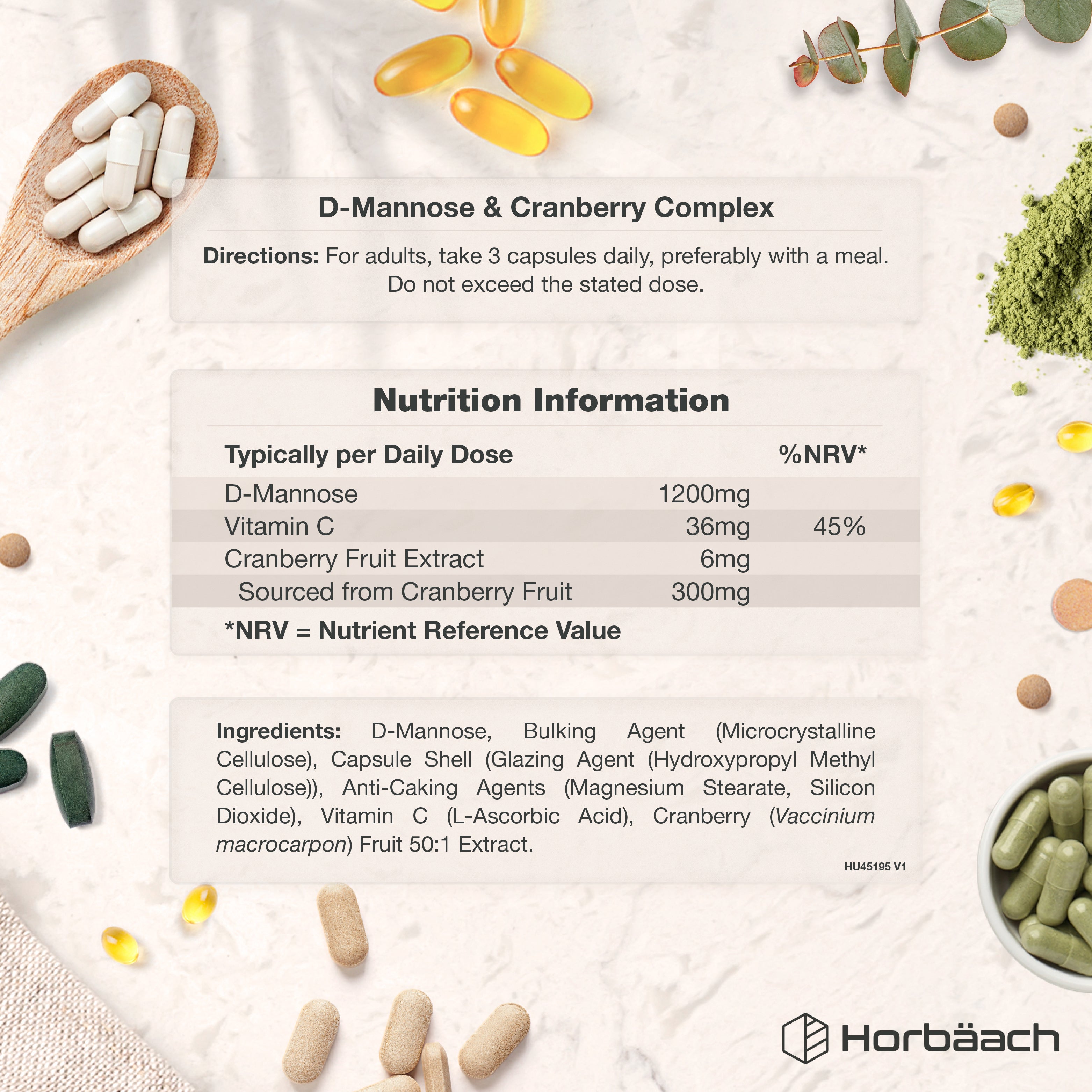 D-Mannose & Cranberry Complex 120 Vegetarian Capsules product label showing Nutrition Information and Ingredients list.