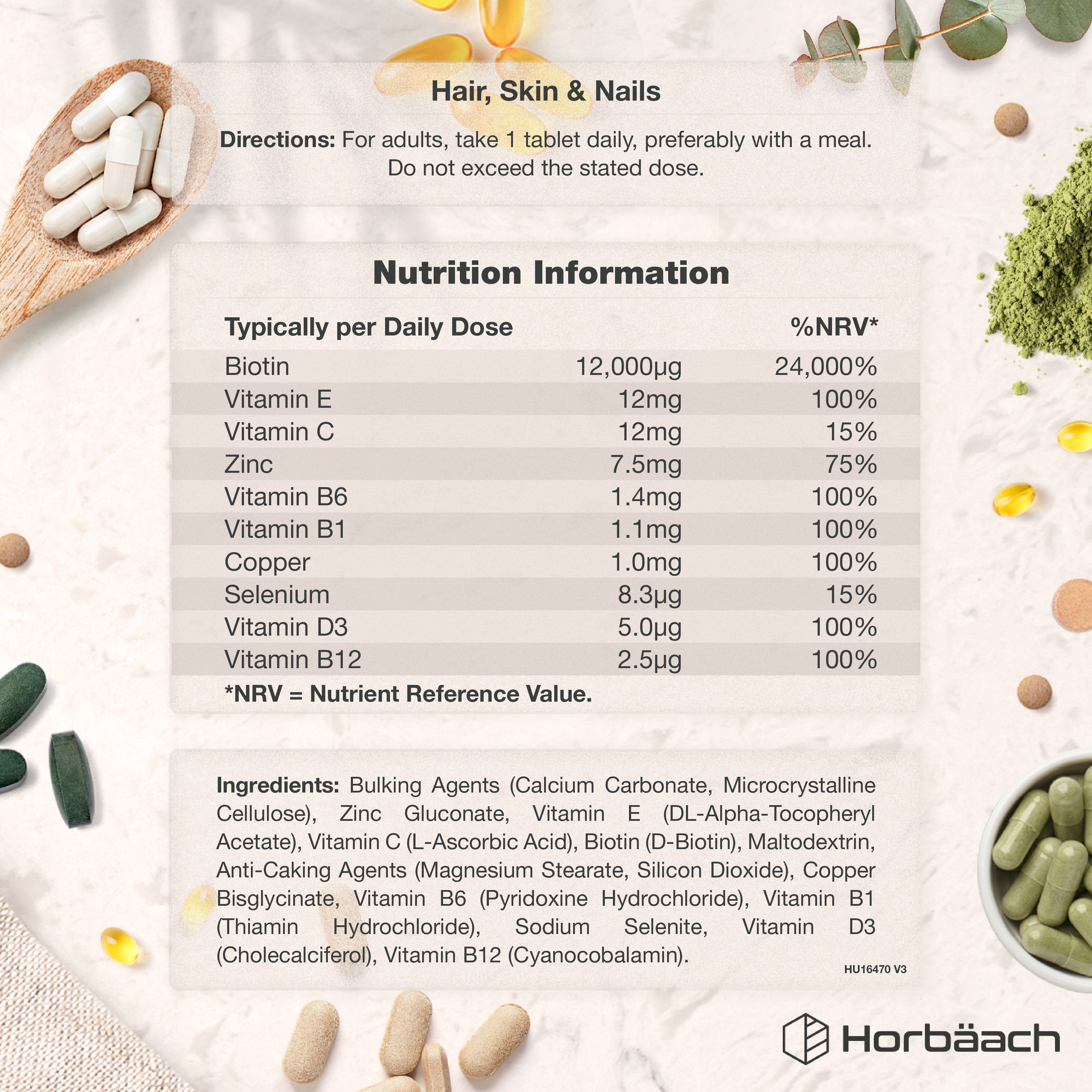 Hair, Skin & Nails 120 Vegetarian Tablets product graphic with nutrition facts, ingredients, and usage directions.