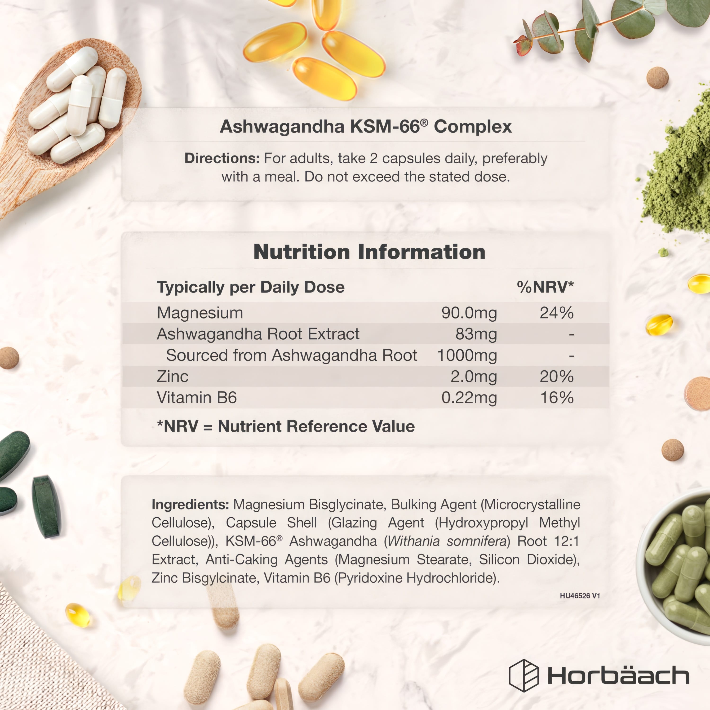Supplement Facts panel for Magnesium & KSM-66 Ashwagandha Complex with 120 vegan capsules.