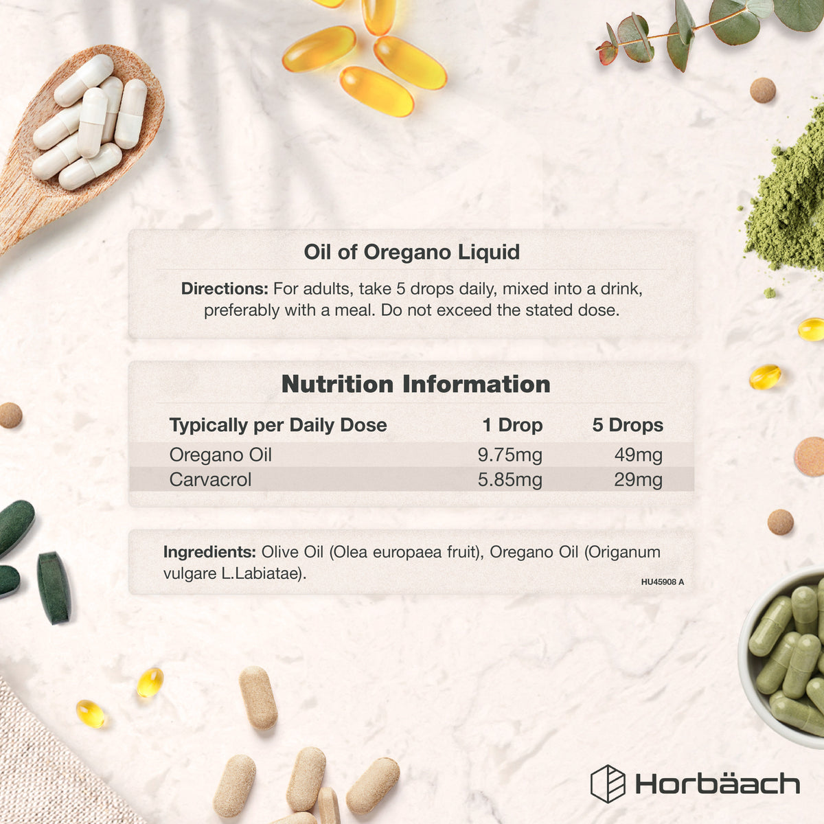 Oregano Oil 20ml Vegan Liquid Supplement Facts panel detailed.