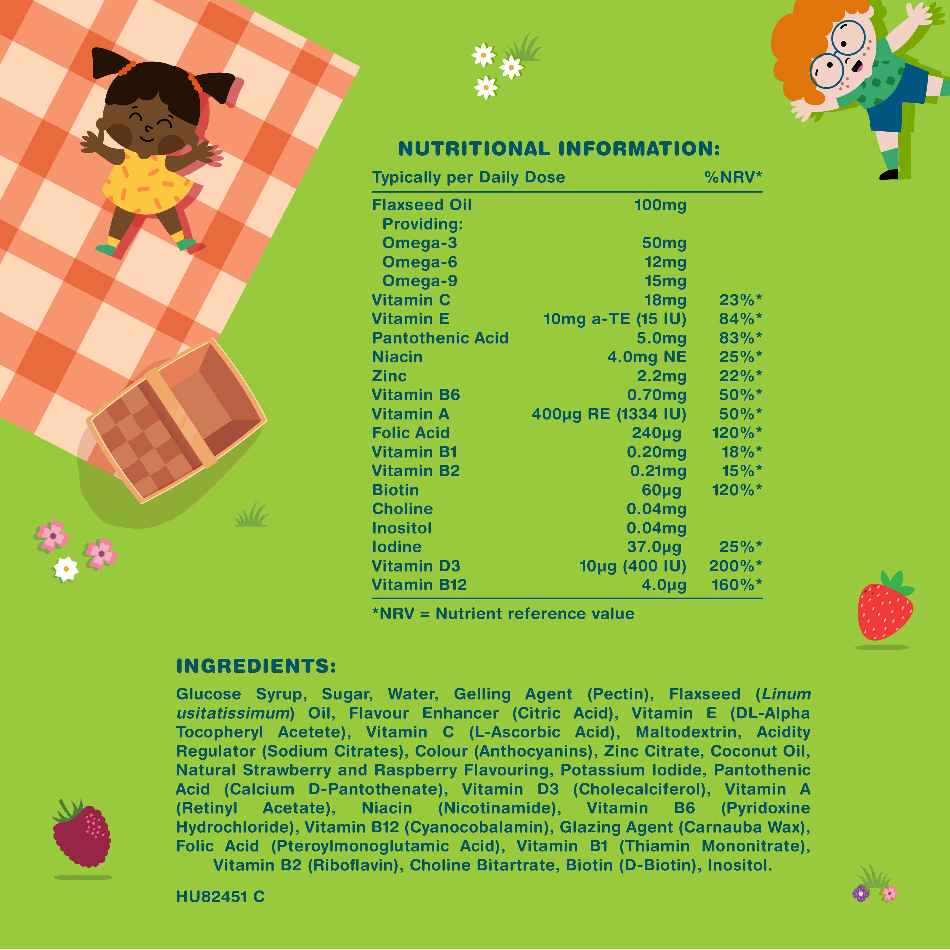 Supplement Facts panel for HU Omega 369 and Multivitamin For Kids, 120 Vegetarian Gummies.
