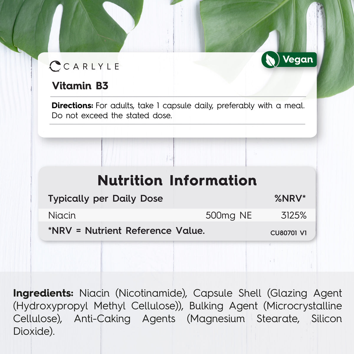 Supplement Facts for CU Vitamin B3, 500 mg per serving, 180 capsules.