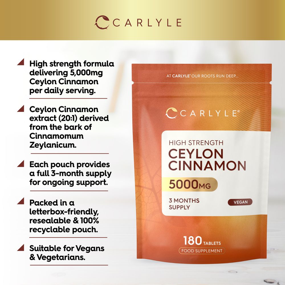 Product highlights graphic stating 5000mg Ceylon Cinnamon, 20:1 extract C. Zeylanicum, 3-month supply, resealable pouch, Vegan.