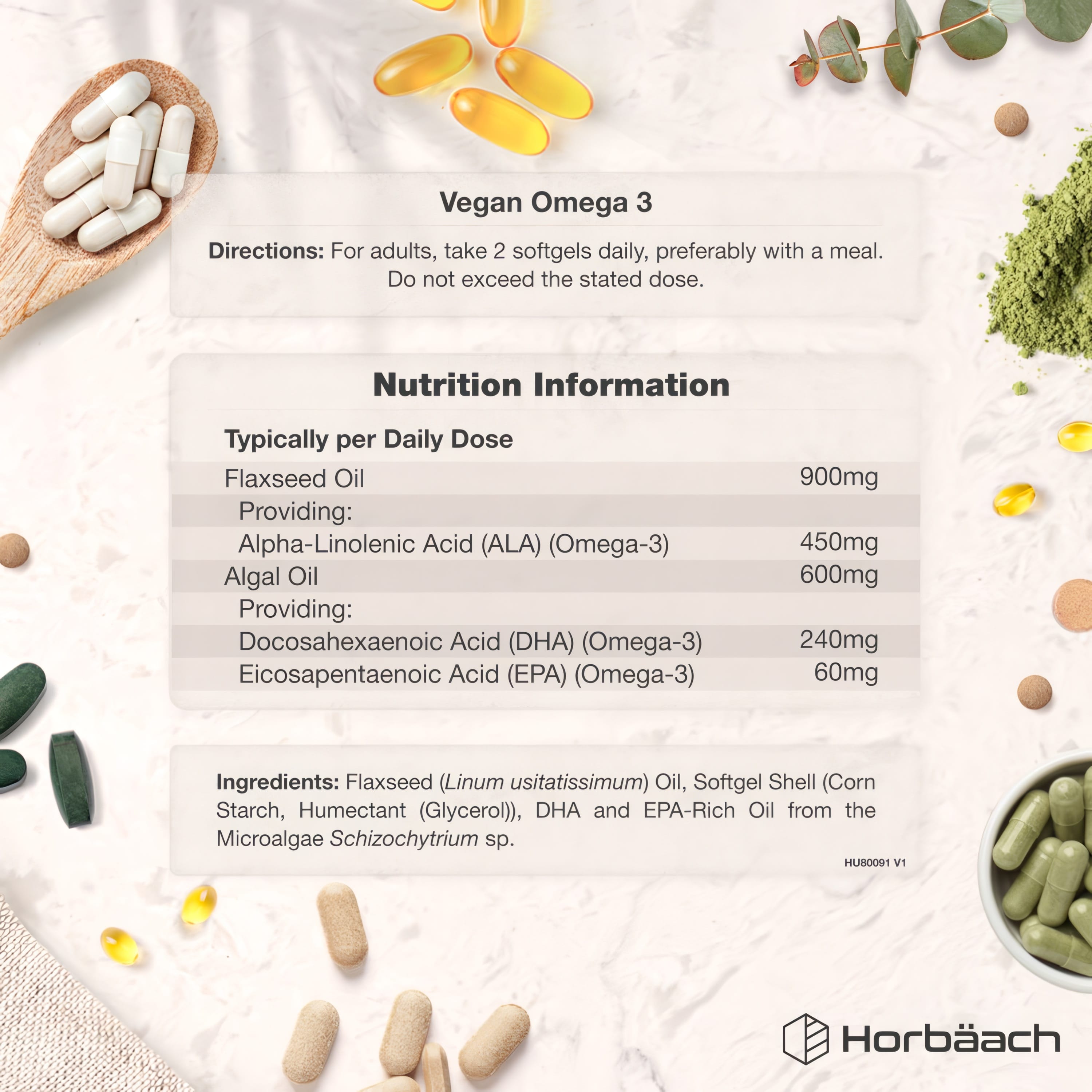 Supplement Facts for 1500mg Vegan Omega, 60 Vegan Softgels with dosage information.