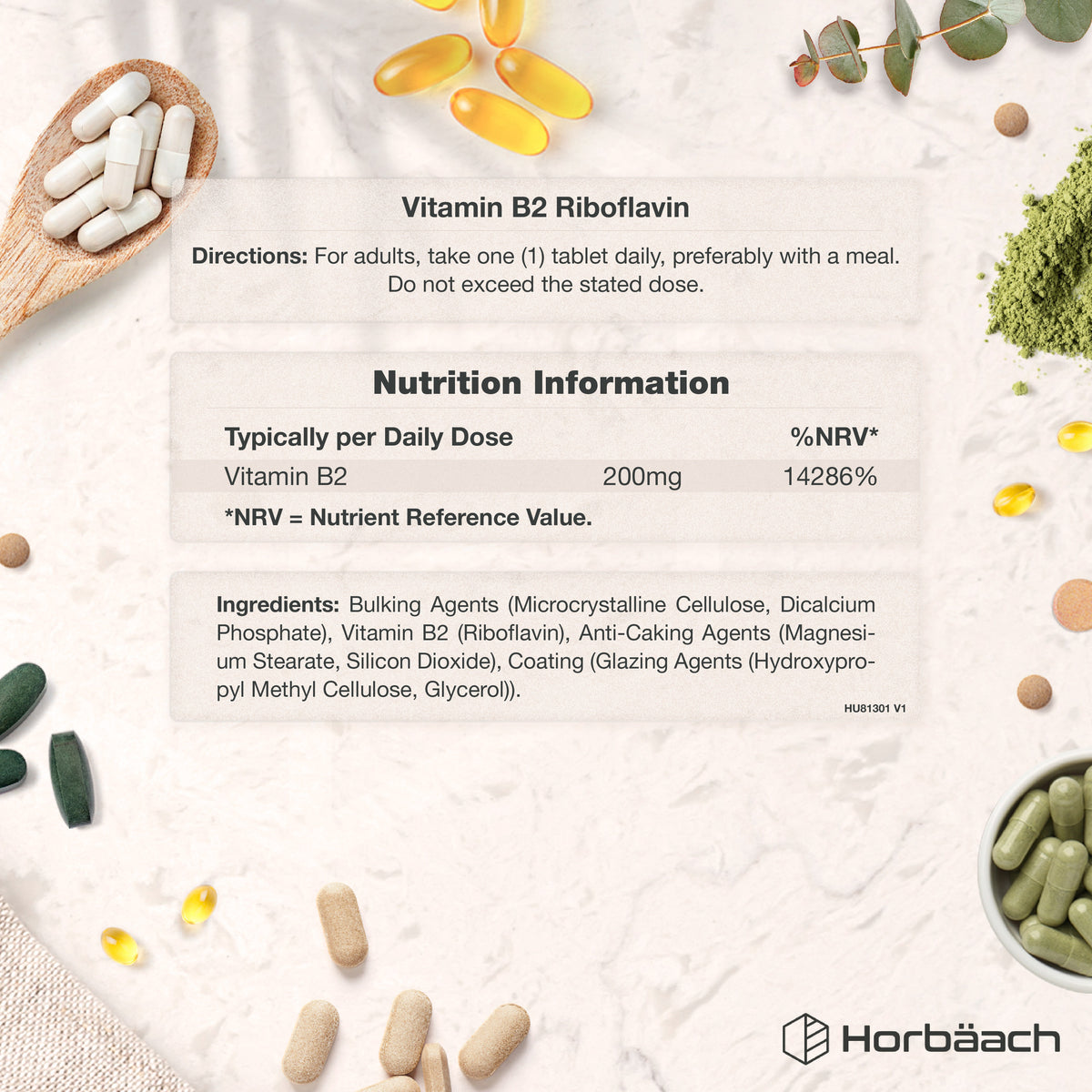 Graphic of Vitamin B2 Riboflavin 200mg tablets, showing directions, nutrition facts, and full ingredient list.