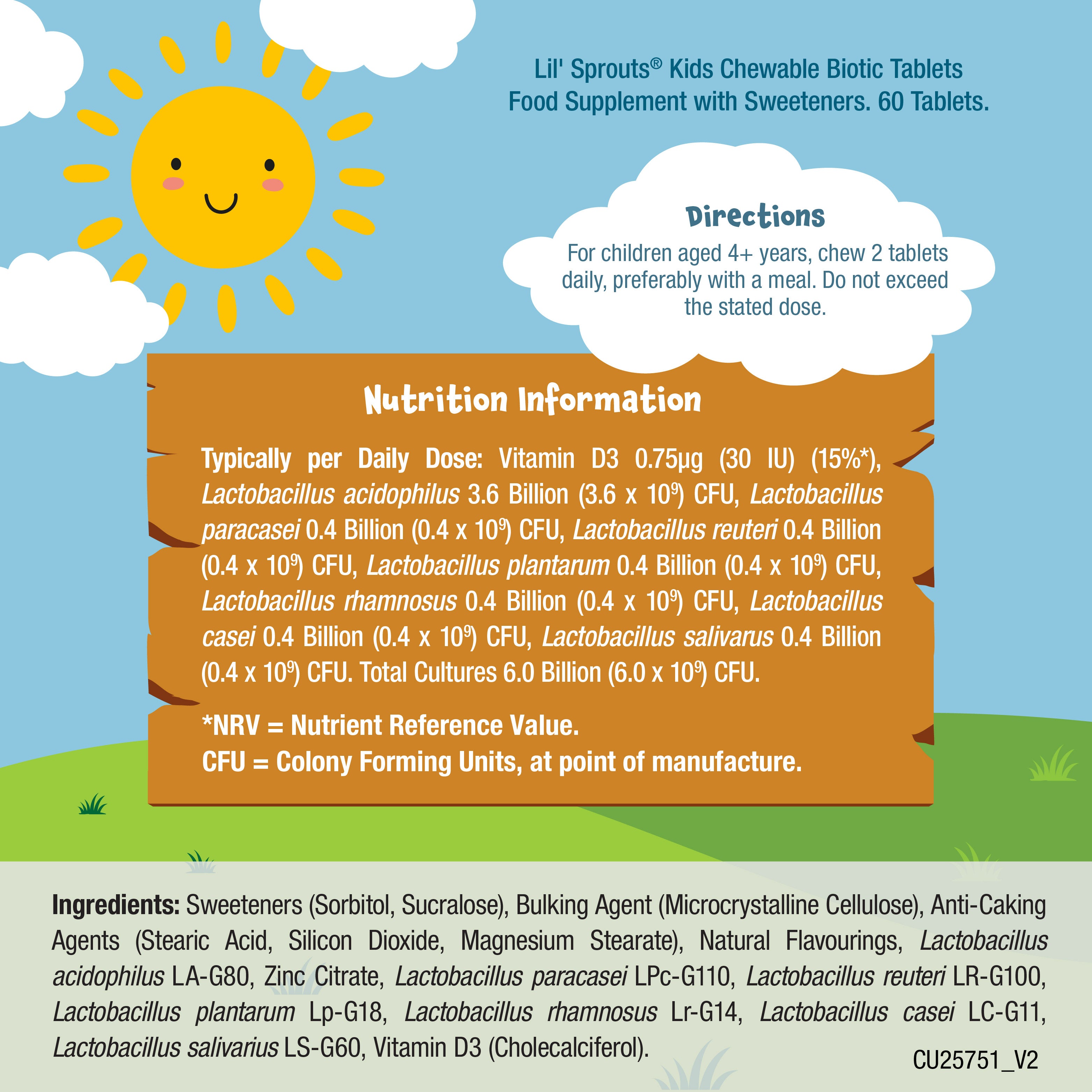 Lil' Sprouts Kids Chewable Biotic Tablets are a food supplement with sweeteners. Contains 60 tablets.