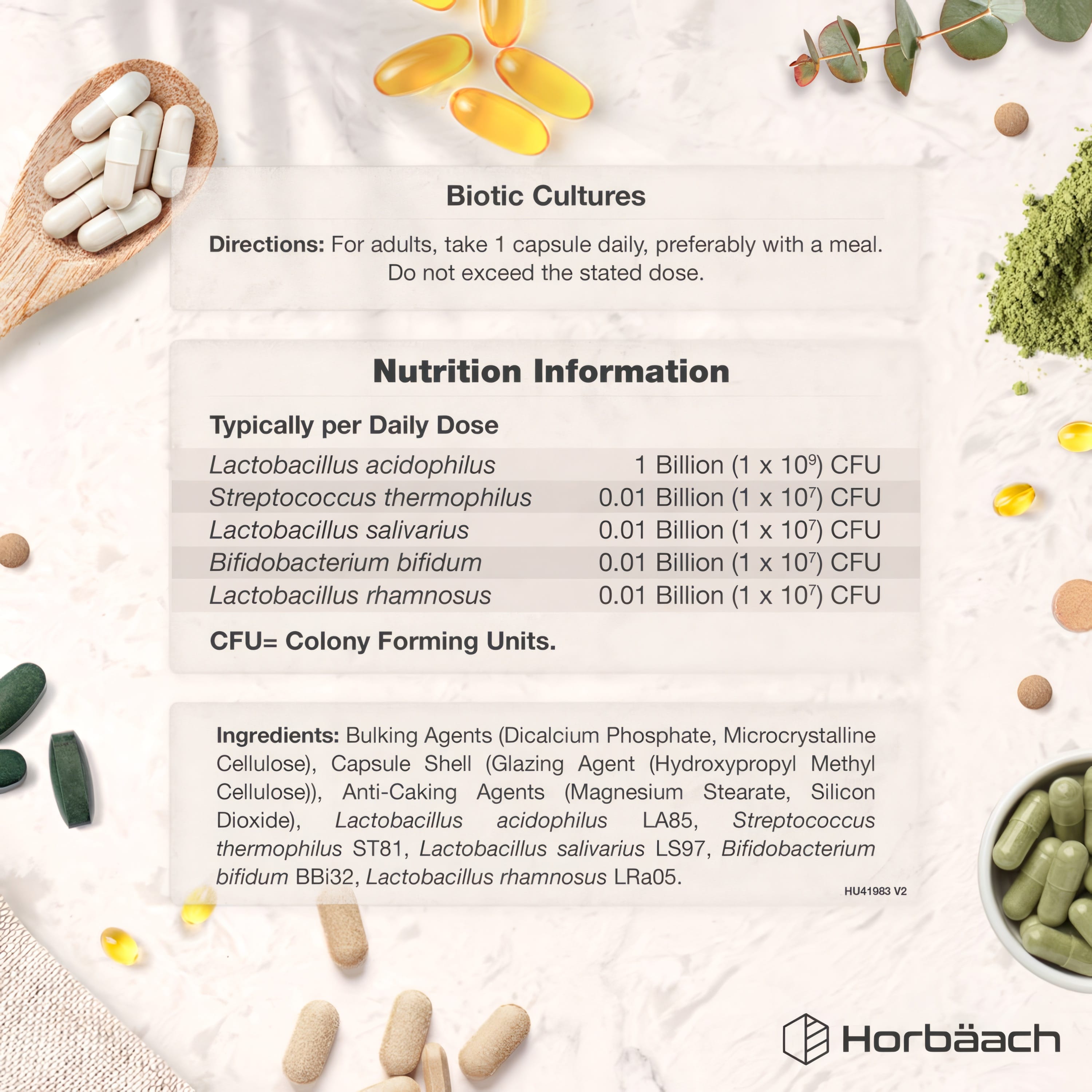 Supplement Facts panel for HU Bio Cultures 1 Billion, containing 60 vegan capsules.