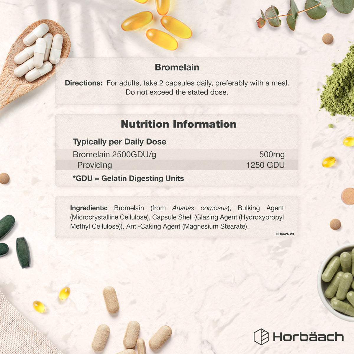 Infographic shows Bromelain product details: take 2 capsules daily, 500mg (1250 GDU), and includes an ingredients list.