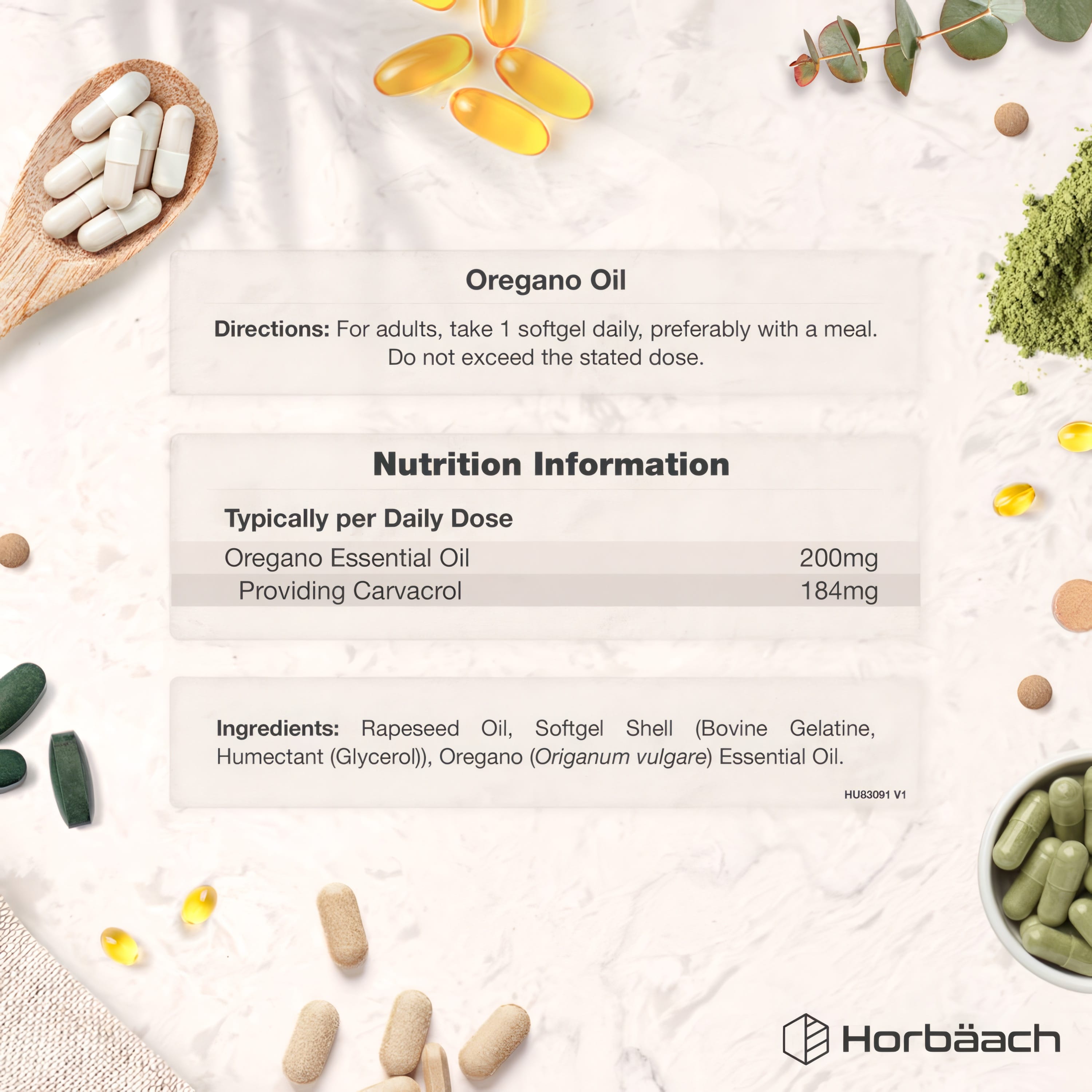 Label showing supplement facts for Oregano Oil 200mg, with 90 softgels per container.